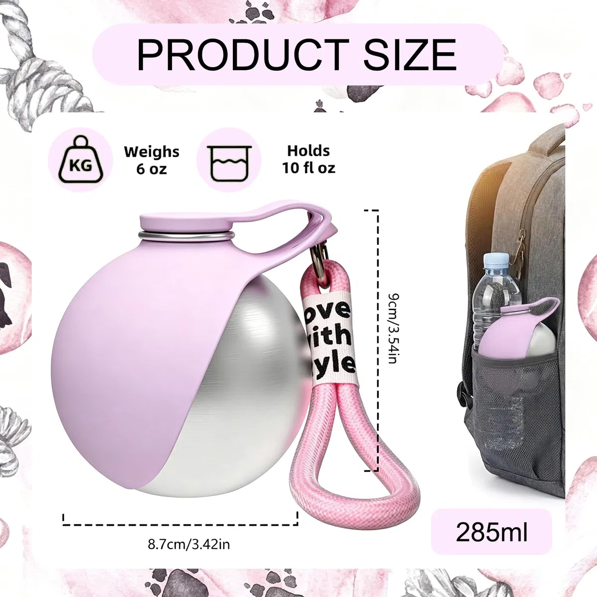 Trinkflasche Hunde für Unterwegs, Edelstahl Hunde Trinkflasche, Auslaufsichere & Kompakte Hundetrinkflasche,mit Faltbarem Silikonnapf, für Spaziergänge, Wanderungen & Reisen,285 ml (Rosa)