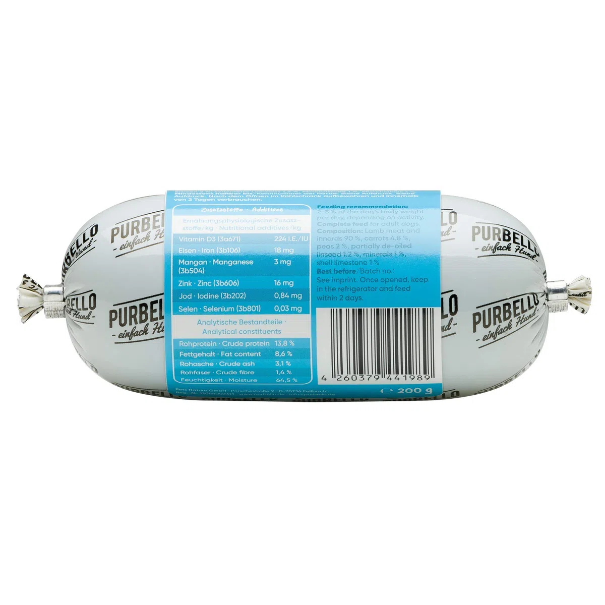 PURBELLO Hunde-Rolle Lamm mit Möhren & Erbsen - Monoprotein Hundefutter mit hohem Fleischanteil - Nassfutter für Hunde - Hundewurst schnittfest & getreidefrei - 8 x 200 g