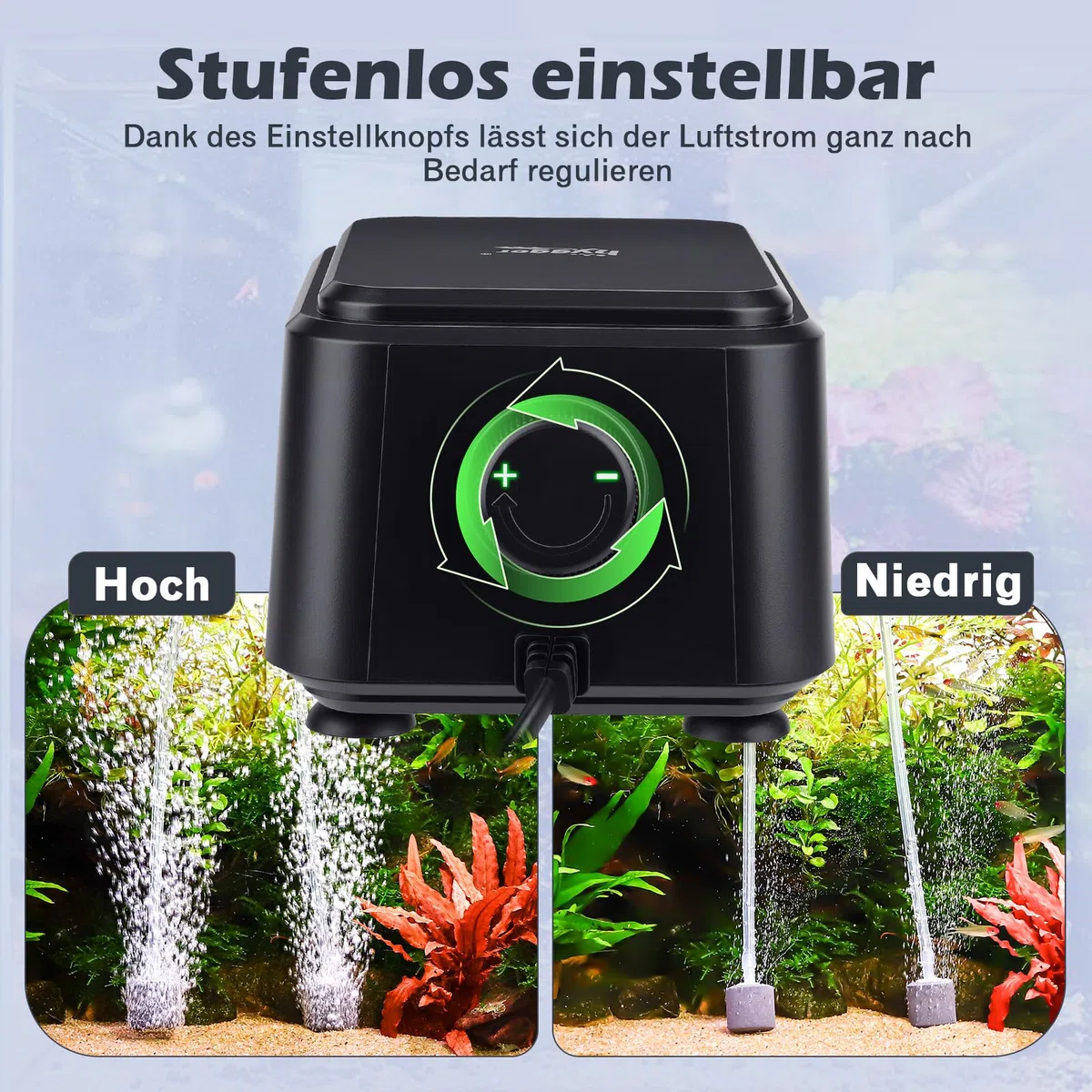 hygger Leiser Aquarienluftpumpe <30dB, Einstellbare geräuscharme Sauerstoffpumpe für Aquarien mit 2 Luftauslässen, Extrem Leistungsstarker leiser Belüftungspumpe mit Zubehör