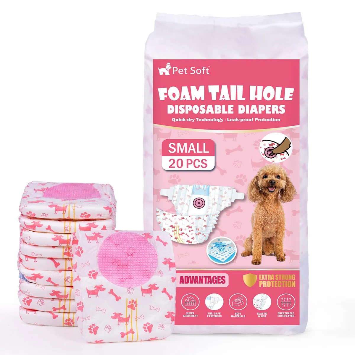 Pet Soft Hundewindeln für Hündinnen, 20 Stück Einweg Windeln für Hunde&Katzen, Hochsaugfähige Katzenwindeln Läufigkeitshose für Hündinnen mit verstellbarem Schwanzloch (S-20 Stück)