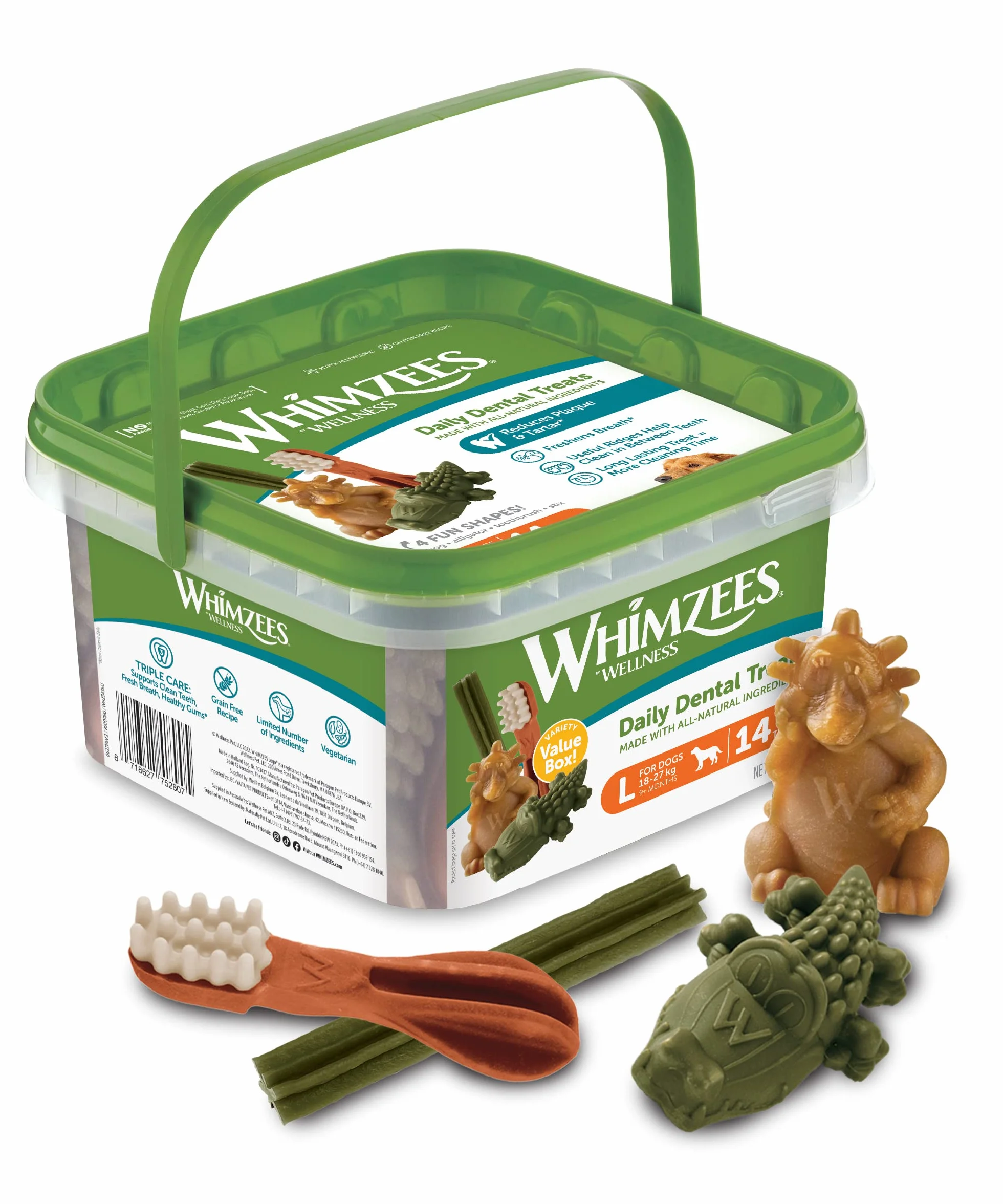 WHIMZEES Natürliche Getreidefreie Zahnpflegesnacks, Kaustangen für Hunde, Gemischte Vielfaltsbox, L, 14 x 60 g