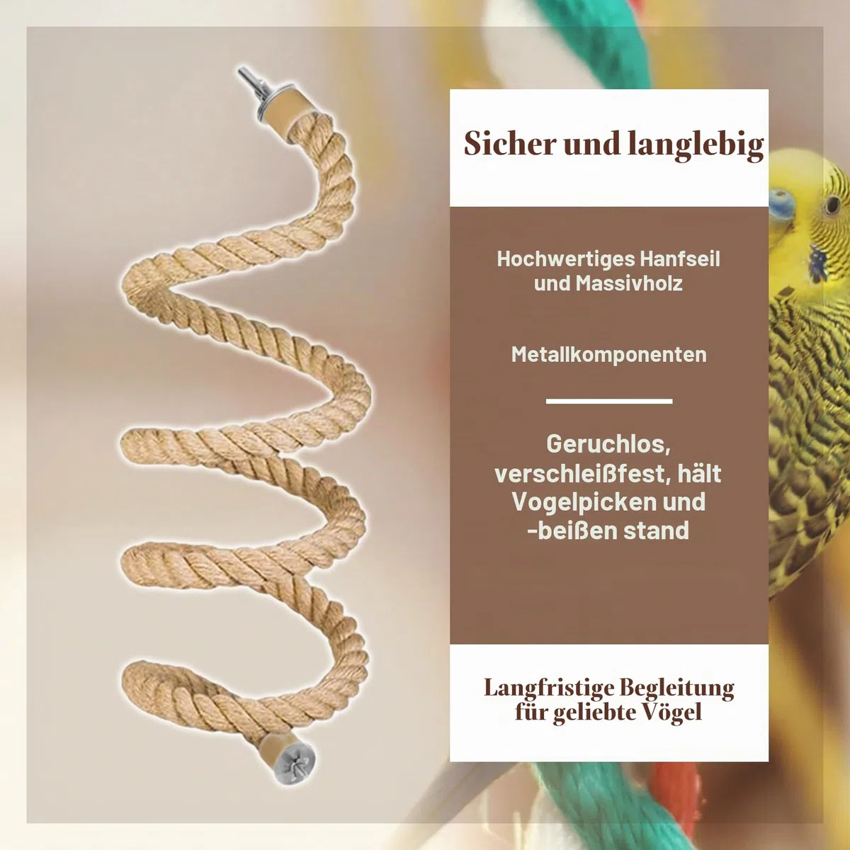 Seil-Sitzstange für Vögel,Vogelkäfig-Kletterseil-Spielzeugzubehör,biegbar,kletternd,biegbares natürliches Jute-Seil mit Kiefernholz und Edelstahlbefestigung,für Sittiche,Wellensittiche(150cm)