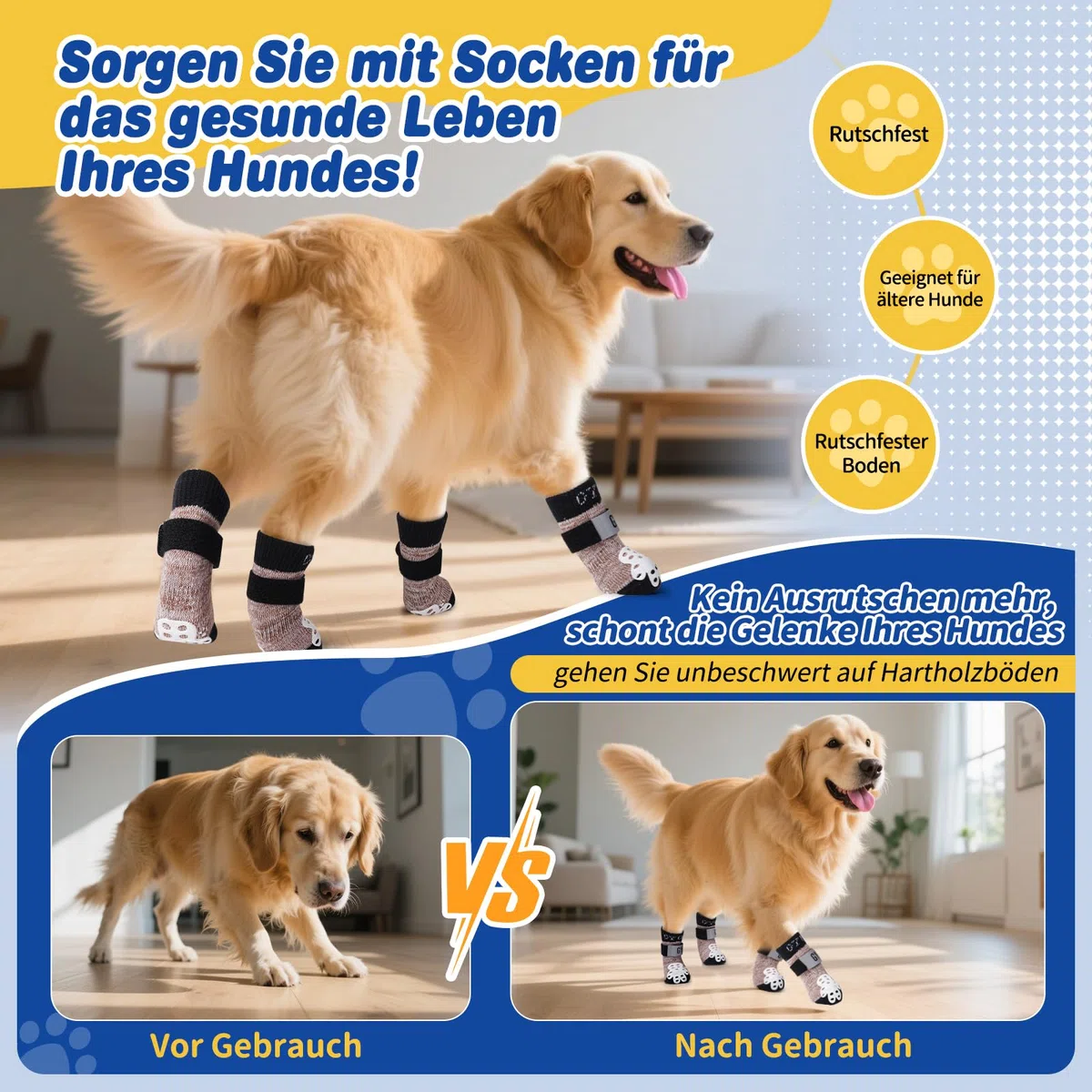 4-seitige rutschfeste Hundesocken mit reflektierenden verstellbaren Trägern für Indoor-Pfotenschutz auf Hartholzböden mit Vollschutz-Traktionskontrolle (Khaki, XL)