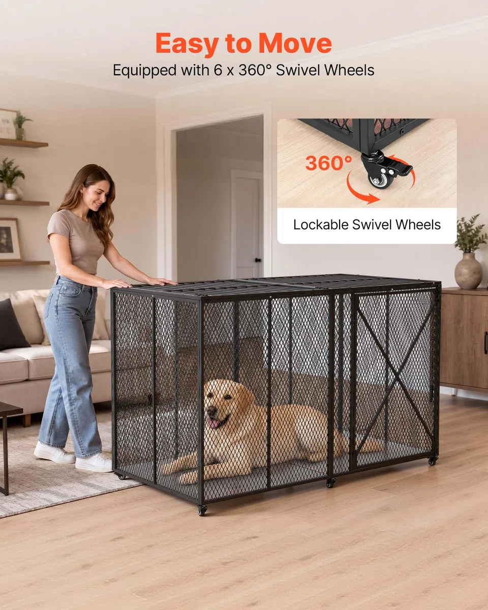 VEVOR Hundekäfig Hochbelastbar 1626x837x1037 mm, Hundebox Geeignet für Große Hunderassen bis 136 kg, Haustierkäfig Hundegitterbox aus Stahlrahmen mit Doppeltüren & Feststellbaren Rollen