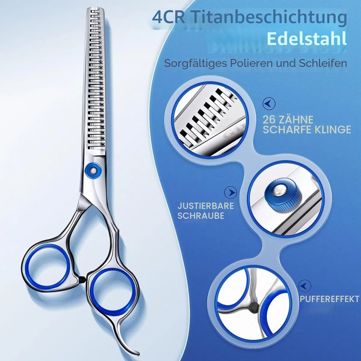 Gimars Professionelle 5-in-1 Fellschere für Hunde, 4CR mit runder Sicherheitsspitze, robuste Titanbeschichtung, gerade und Effilier- und gebogene Schere