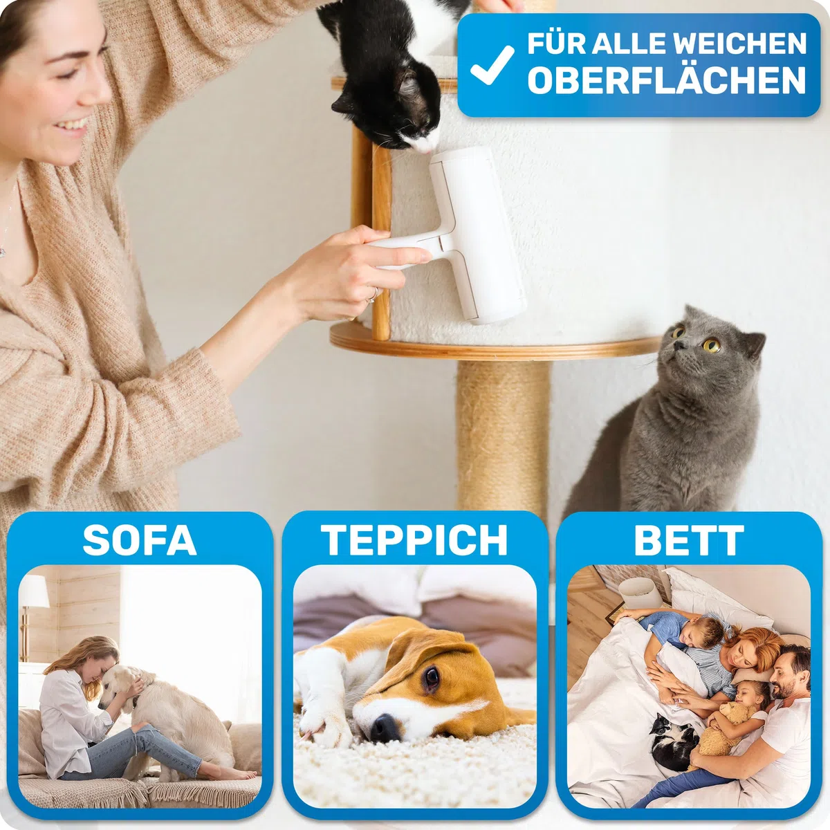 BluePet Tierhaarentferner + Mini Fusselrolle – Wiederverwendbarer Fusselentferner für Tierhaare, Hundehaare & Katzenhaare | Ideal für Kleidung, Polster & Teppiche, Abwaschbarer Katzenhaarentferner