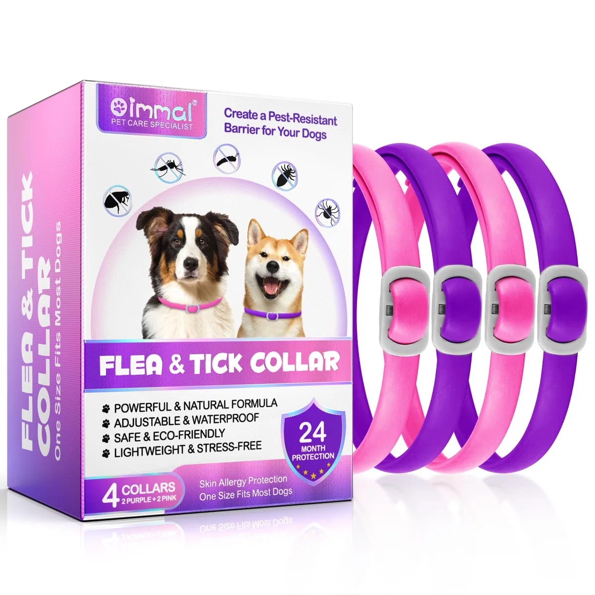 Zeckenhalsband für Hunde 4 Stück, Flohhalsband für Hunde, Verstellbar und Wasserdicht, Sicher und Natürlich, 60 cm Length, 24 Monate Schutz, für Kleine, Mittelgroße und Große Hunde (Rosa&Lila)