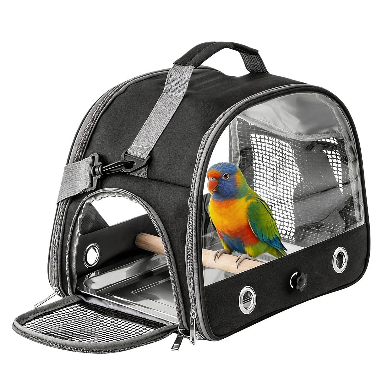 Vogel-Tragetasche mit Tablett und Stehstange, Vogel Transportbox, Atmungsaktiver Tragbarer Vogelkäfig für Wellensittich/Sittiche/Kleintiere, Bird Transport Box(Schwarz)