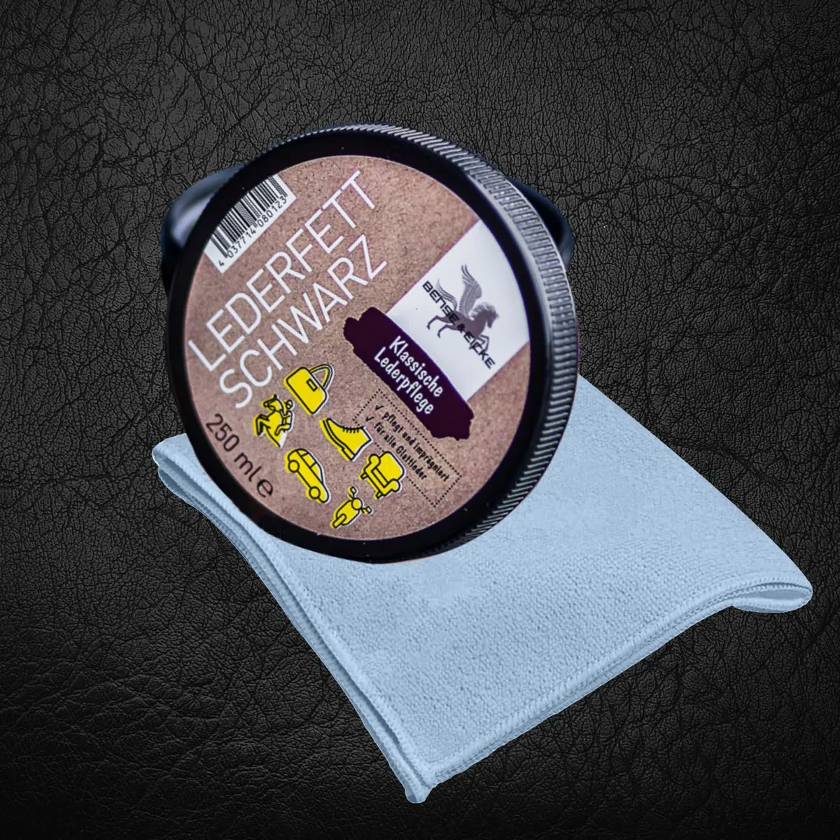 esnado - Bense & Eicke Lederfett Schwarz 250 ml + 1 Mikrofasertuch - pflegt und imrägniert - perfekte Lederpflege für Glattleder, Autositze, Motorradkleidung, Sättel