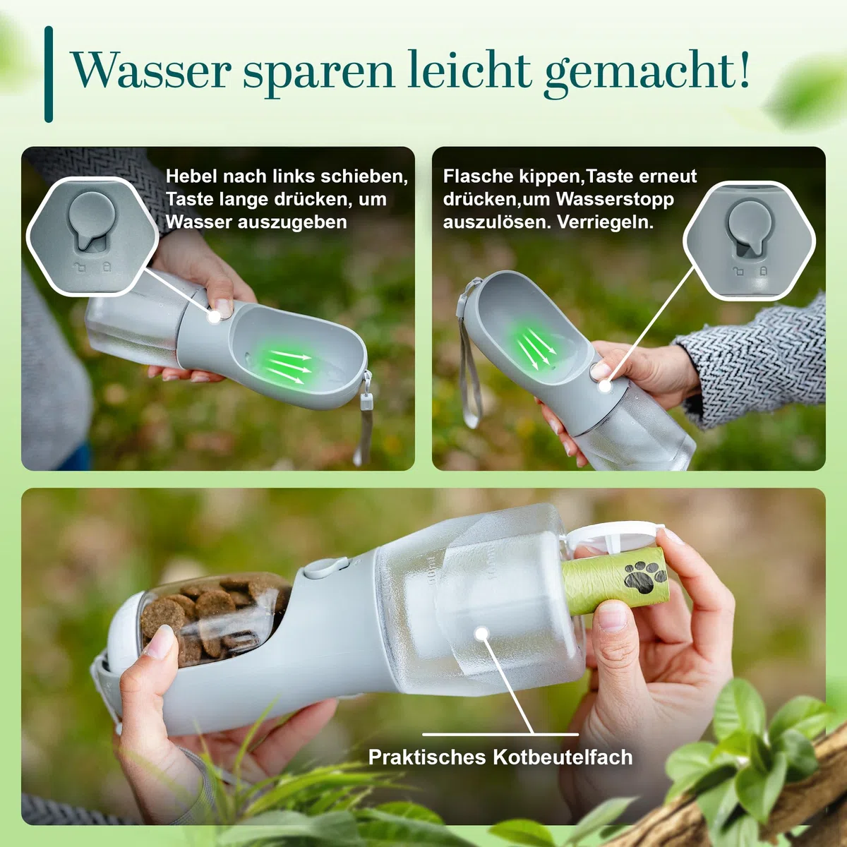 Hundetrinkflasche 300ml – 3-in-1 Trinkflasche mit Napf & Rücklauffunktion – 100% auslaufsicher, BPA-frei – für kleine Hunde, Wandern, Reisen & Autofahrten