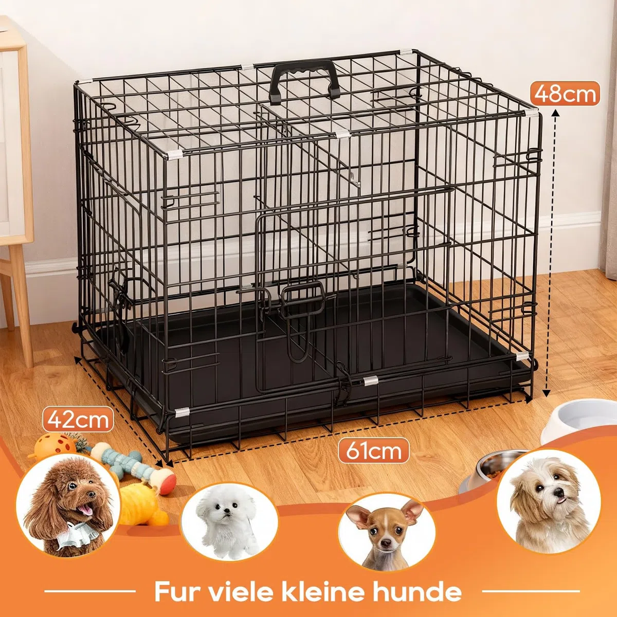 BestOffice Hundekäfig, klappbar, mit 2 Türen, ausziehbar Kunststofftablett und Griff, Hundetransportbox für Reisen, 61x42x48cm, S, Transportbox- Haustiere, Innen und Außenbereich, Schwarz