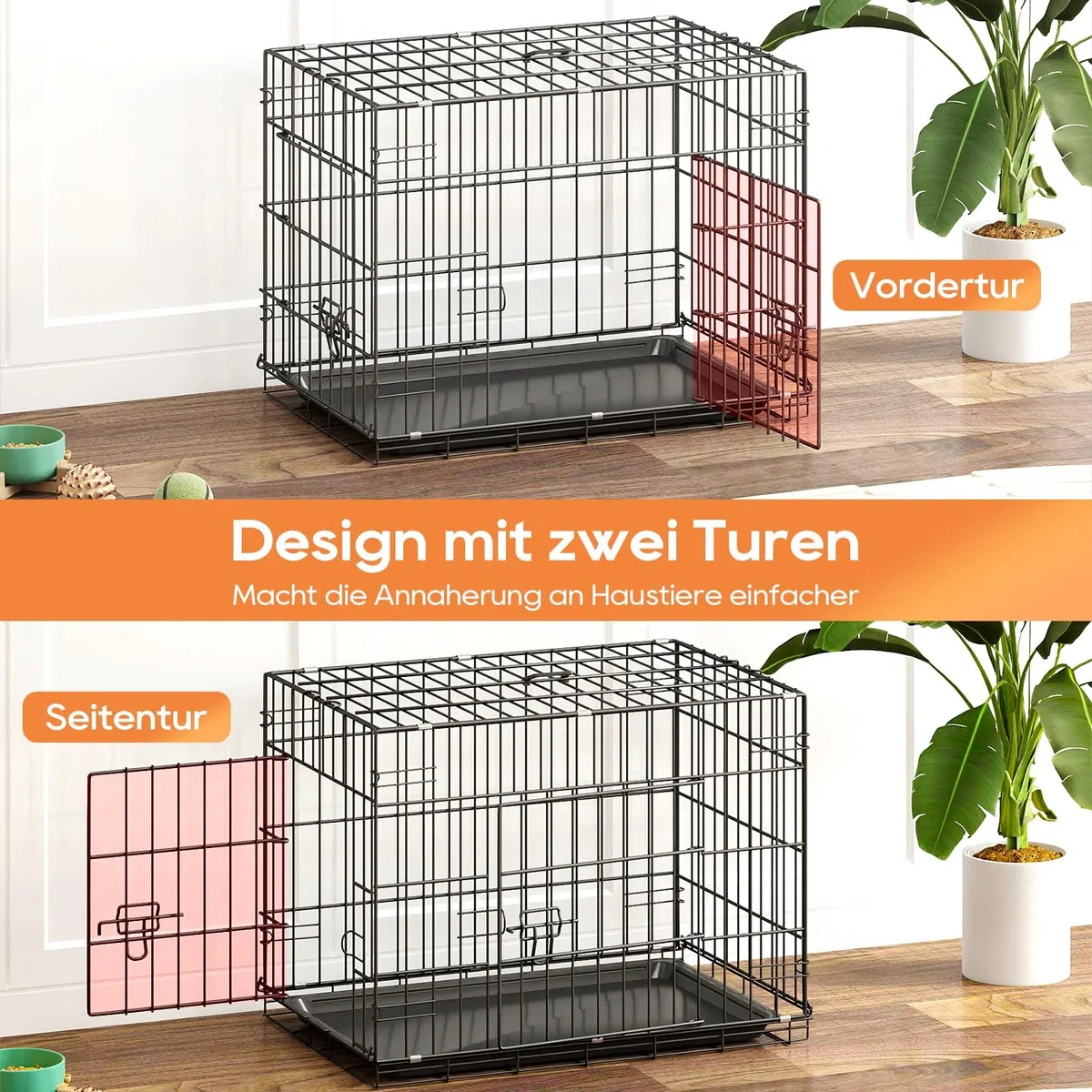 BestOffice Hundekäfig, klappbar, mit 2 Türen, ausziehbar Kunststofftablett und Griff, Hundetransportbox für Reisen, 61x42x48cm, S, Transportbox- Haustiere, Innen und Außenbereich, Schwarz
