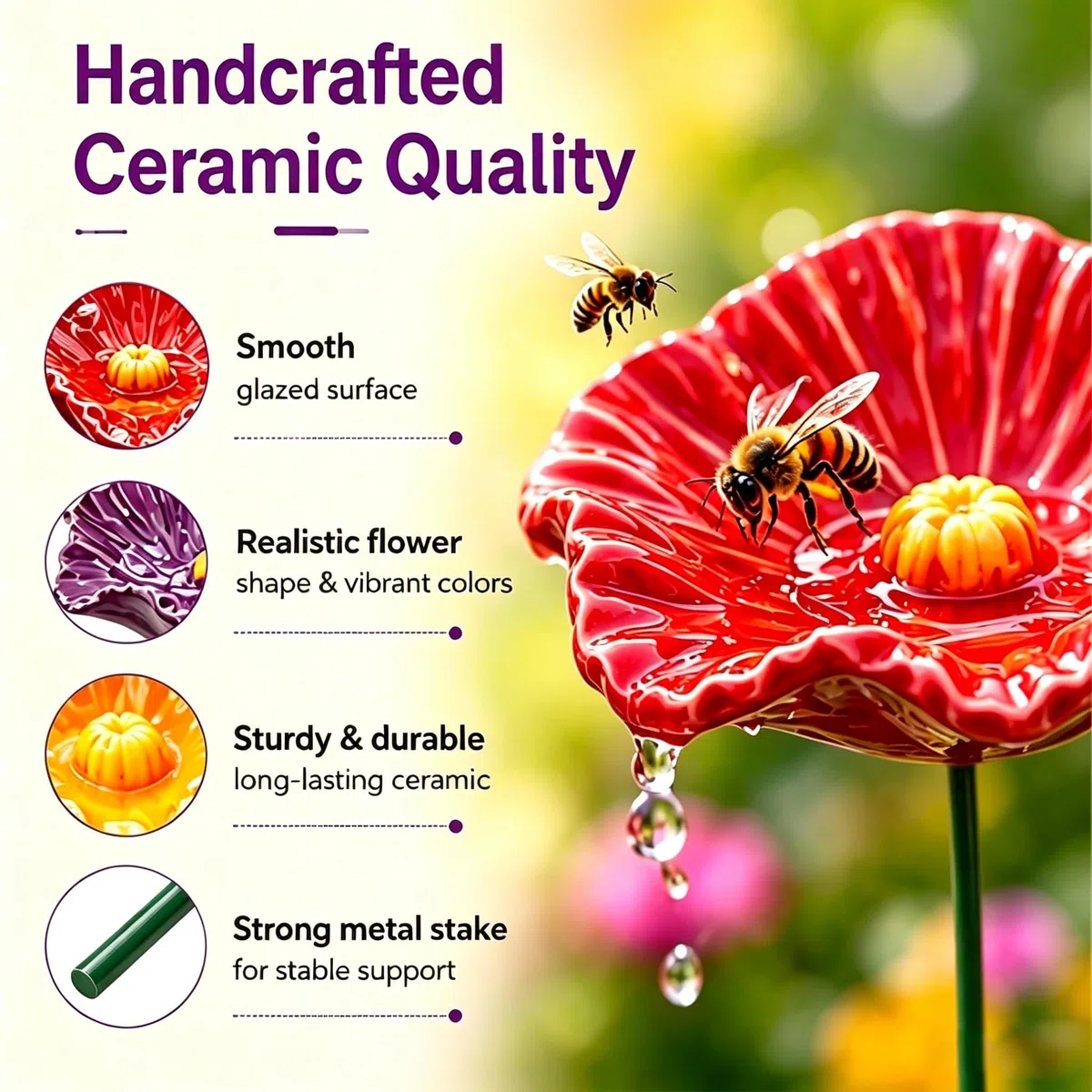Generisch 6 Stück Keramik Blumen Gartenstecker, Vogel- und Bienentränke, 27 cm, Insektentränke für Garten und Blumentopf, Honig, Spenders, Outdoor, Hof, Terrasse (4Pcs)