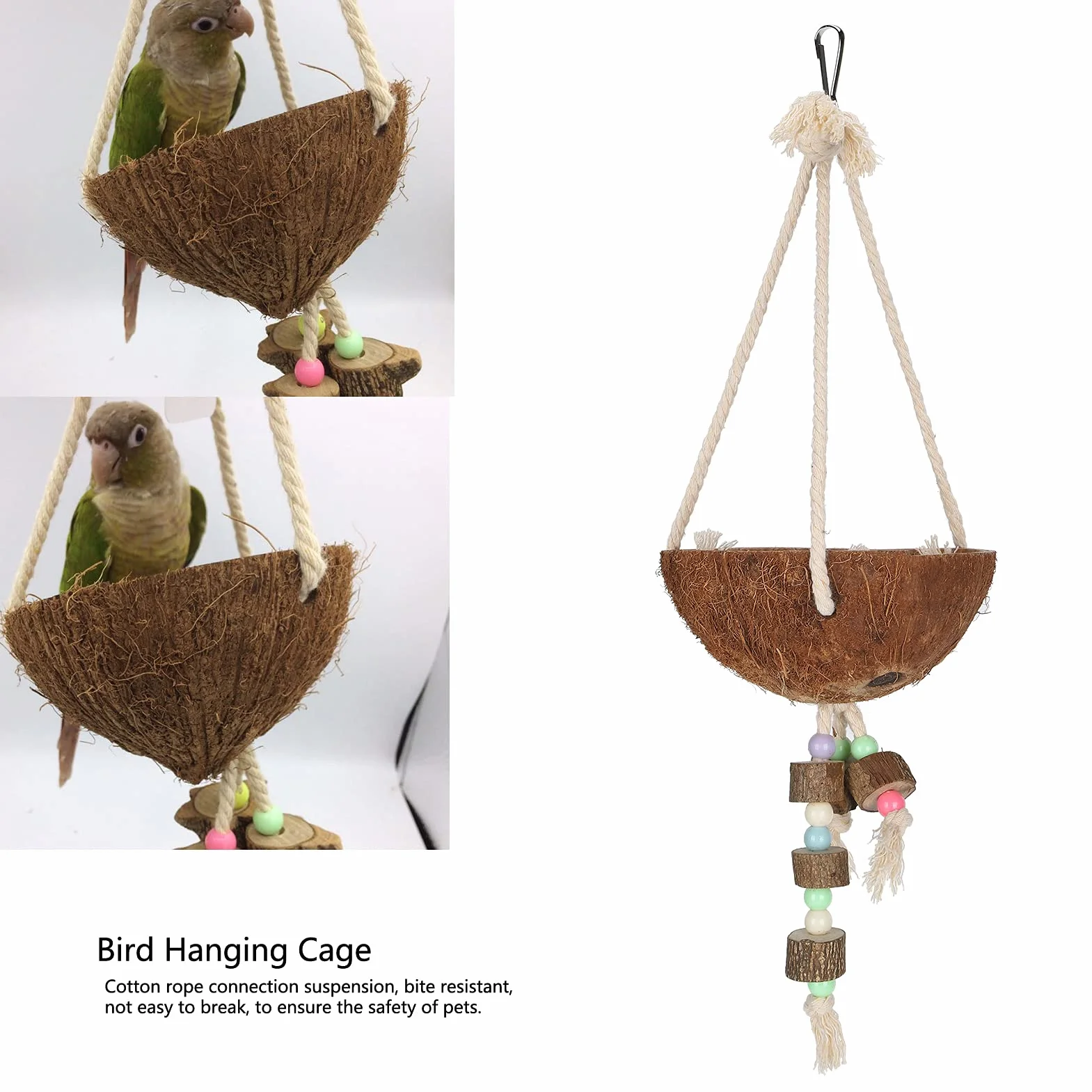Kokosnuss Vogelnestkäfig, Papageienbeißspielzeug Innovativer Papagei Kokosnuss Muschel Schaukel Vogel Hängekäfig mit Farbperle für Sittich für Papagei für Kanarienvogel