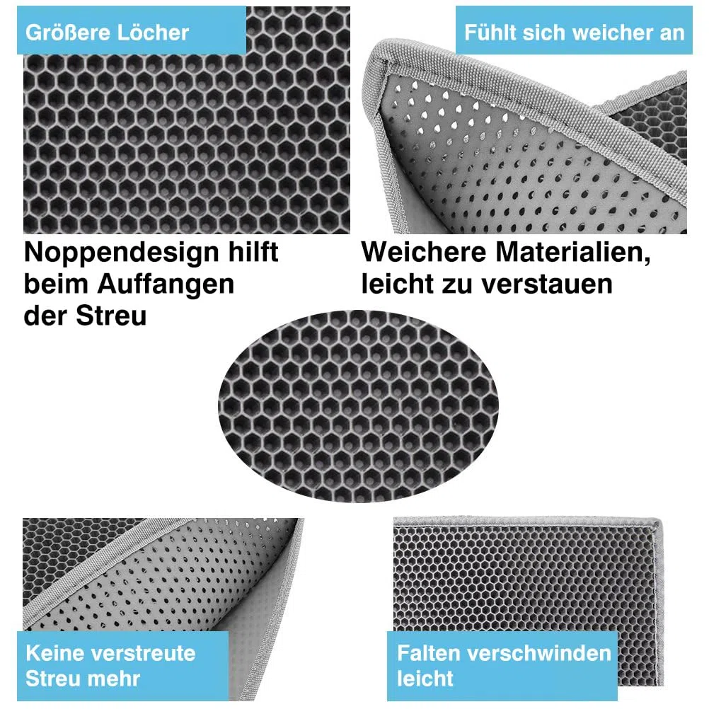 Pieviev Katzenklo Matte, Katzenstreu Matte Katzenklo Unterleger Waben Design Katzentoilette Vorleger Wasserdichte Doppelte Schichte Entwurf Bienenwabe Mat (Grau 61x38 cm)
