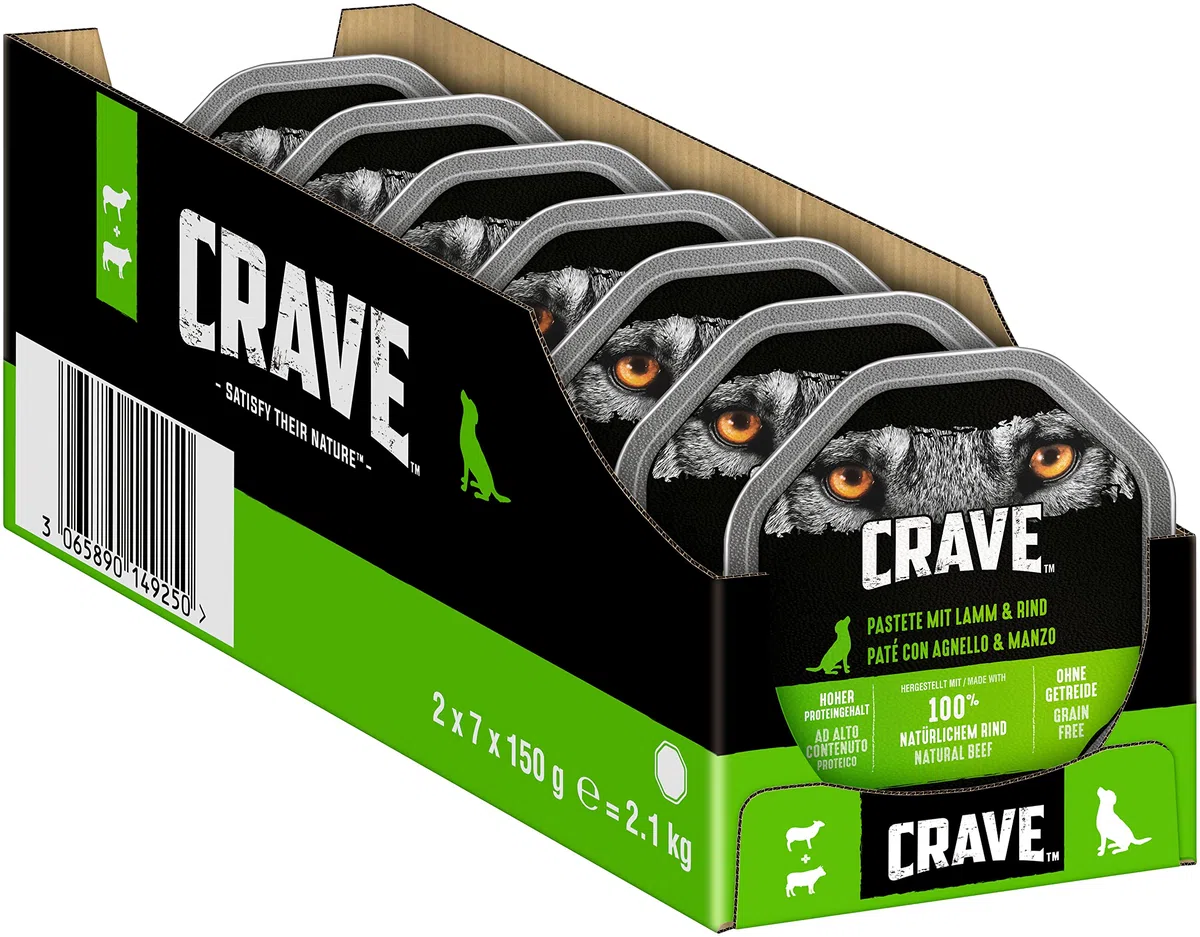 Crave Adult Hundenassfutter Pastete mit Lamm & Rind, 14 Schalen, 7x150g (2er Pack) – Premium Hundefutter nass mit hohem Proteingehalt ohne Zusatz von Getreide