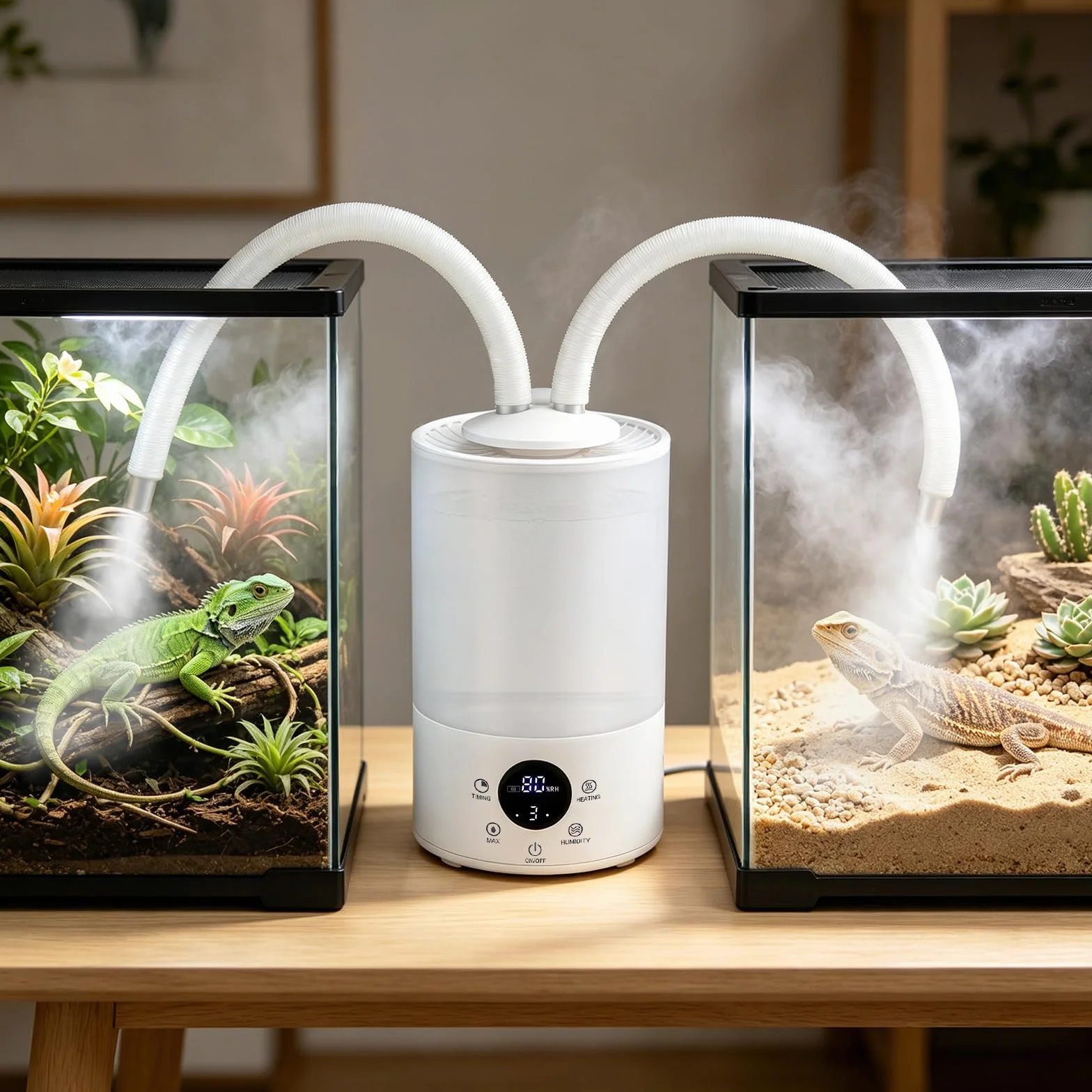 Reptilien Luftbefeuchter 4L Terrarium Vernebler mit Feuchtigkeits-Sensor, Timer, Doppelschlauch Ausziehbarem, Ultraleiser Nebelgerät Großem Nebelmaschine,für Reptilien Amphibien Feuchtigkeitspflanzen