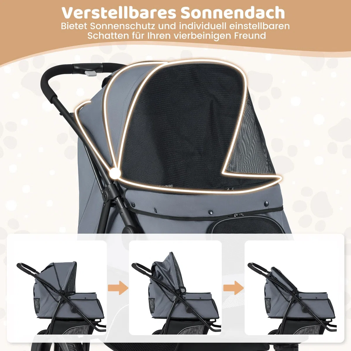 COSTWAY Hundewagen klappbar, Hundebuggy bis 25 kg, Katzenwagen 3 Rad, Haustierwagen mit verstellbarem Sonnendach, Netzfenster, Korb & Polster, Haustierbuggy für Katzen Hunde (Grau)