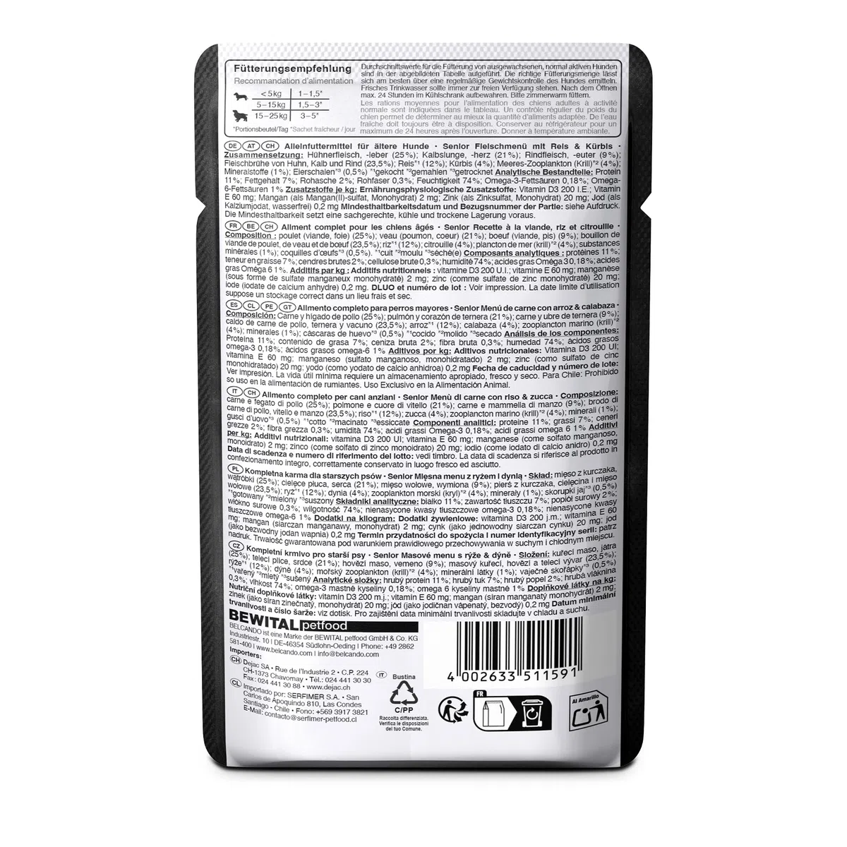 BELCANDO Senior Fleischmenü [12x125g mit Rind & Huhn] | Nassfutter für ältere Hunde | Feuchtfutter Alleinfutter im Einzelportionsbeutel für Senioren ab 7 Jahren