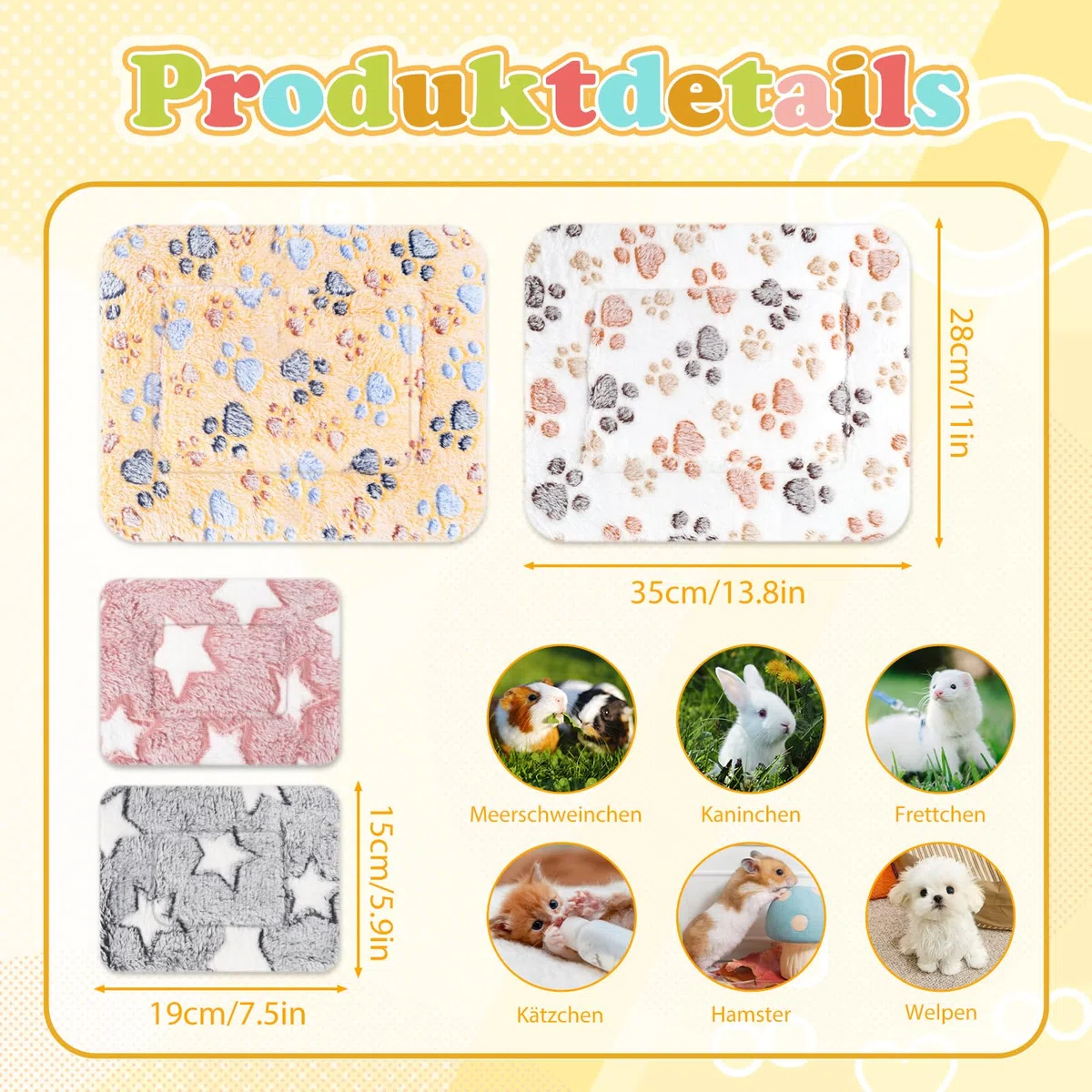 4Stück Kleintier Plüschbett Set, Flauschiges Kleintierbett, Waschbares Plüschbett für Meerschweinchen Kaninchen Hamster, Warme Kuschelmatte für Käfige, Weiche Fleece Decke für Kleintiere