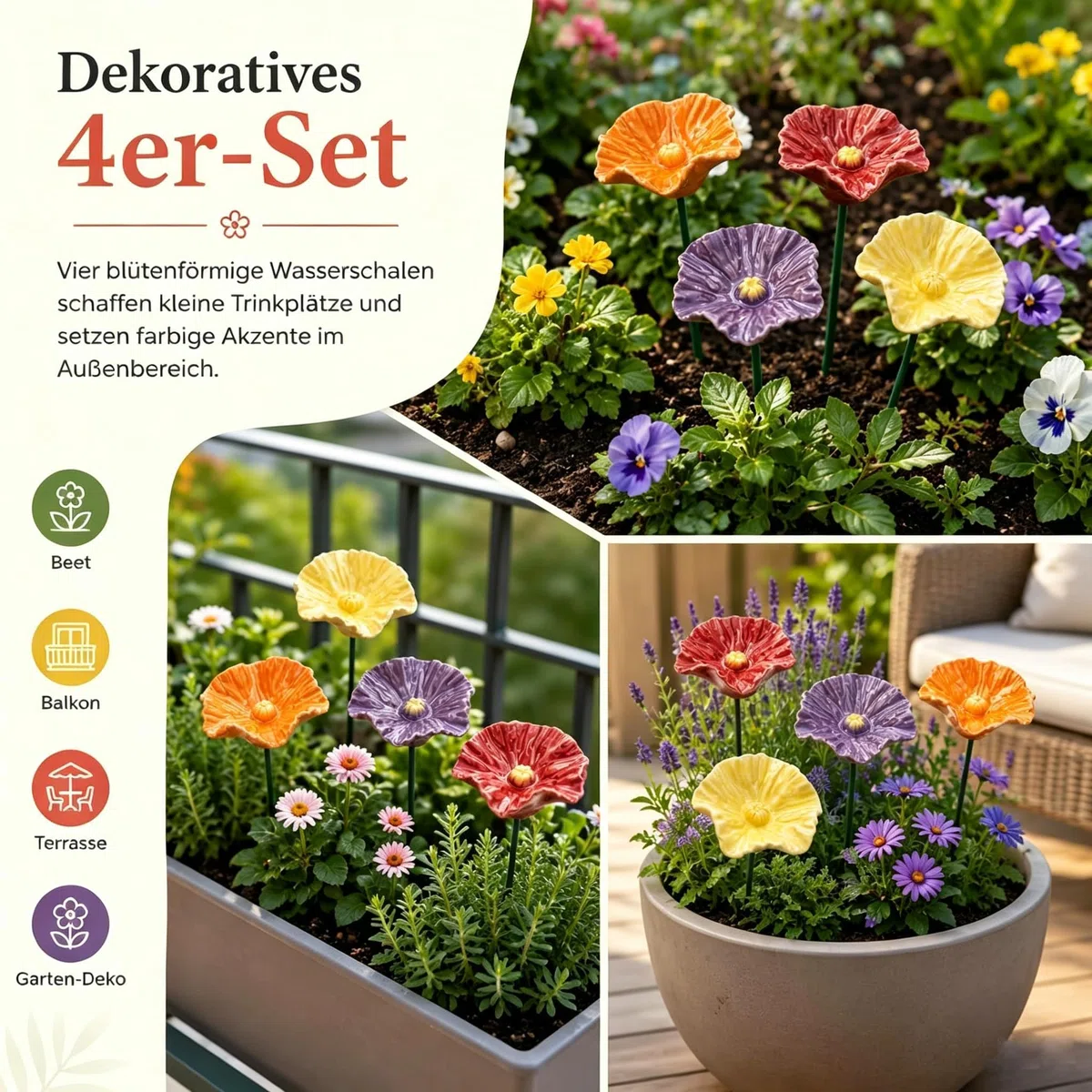 Generisch 6 Stück Keramik Blumen Gartenstecker, Vogel- und Bienentränke, 27 cm, Insektentränke für Garten und Blumentopf, Honig, Spenders, Outdoor, Hof, Terrasse (4Pcs)