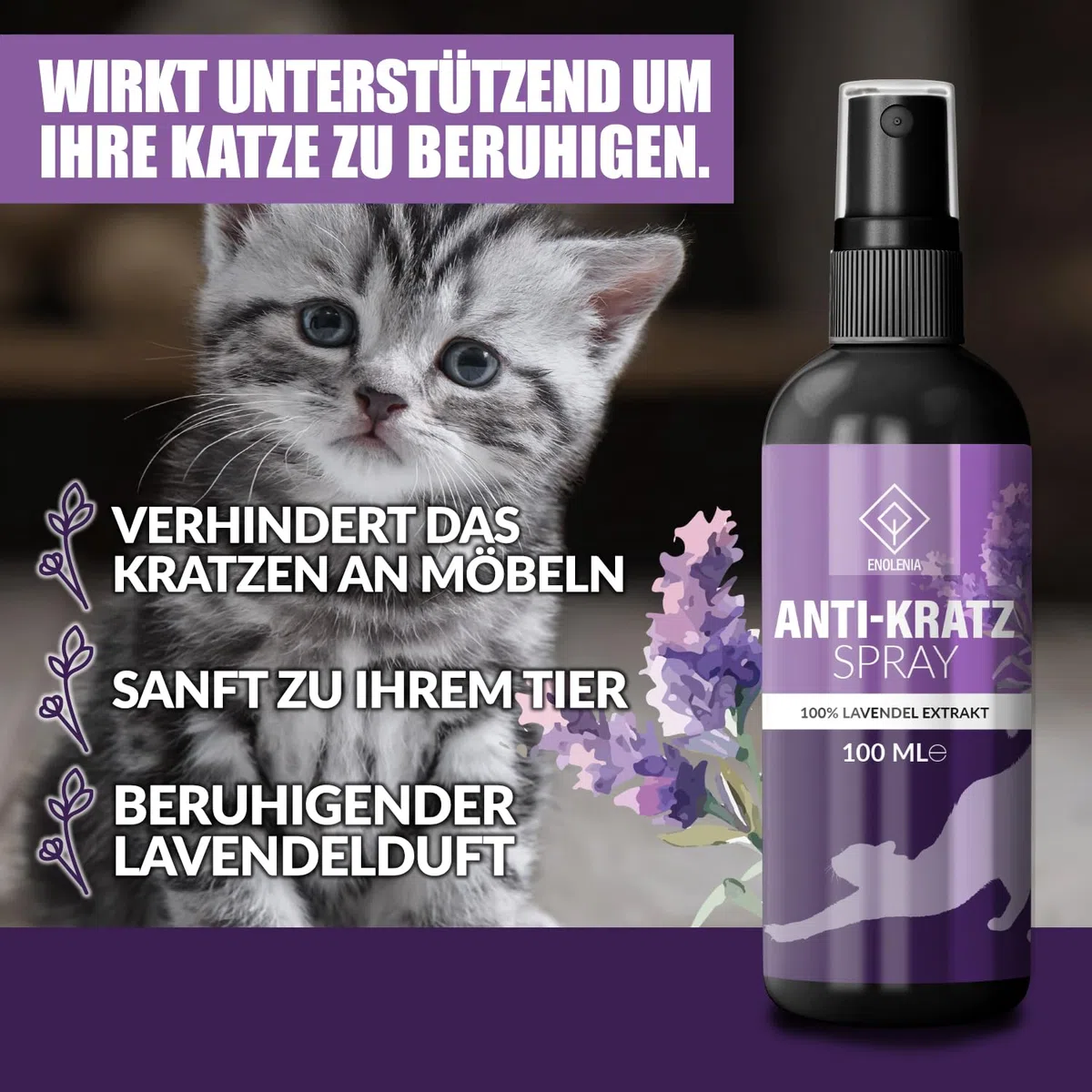 Enolenia® Katzenabwehrspray – Fernhaltemittel und Katzenschreck für Katzenabwehr im Garten, Innen & Außen – Kratzschutz Sofa, Anti-Kratz Spray - ideal zum Katzen vertreiben,100ml