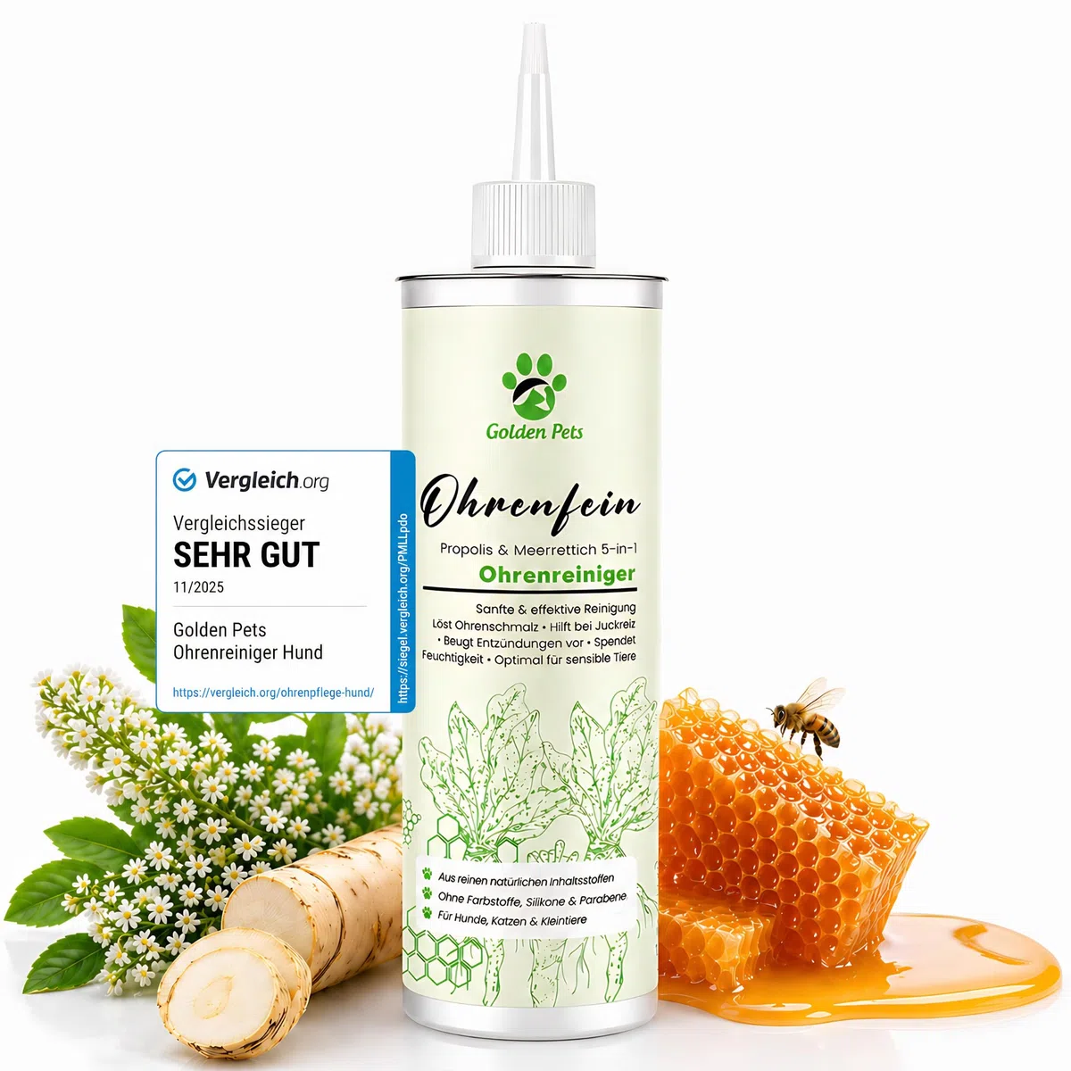 Golden Pets TESTURTEIL SEHR GUT Ohrenreiniger für Hunde & Katzen **VERGLEICHSSIEGER** 100% natürliche Ohrenspülung gegen Juckreiz, Entzündung & Ohrenschmalz I Ohrenpflege, 250ml
