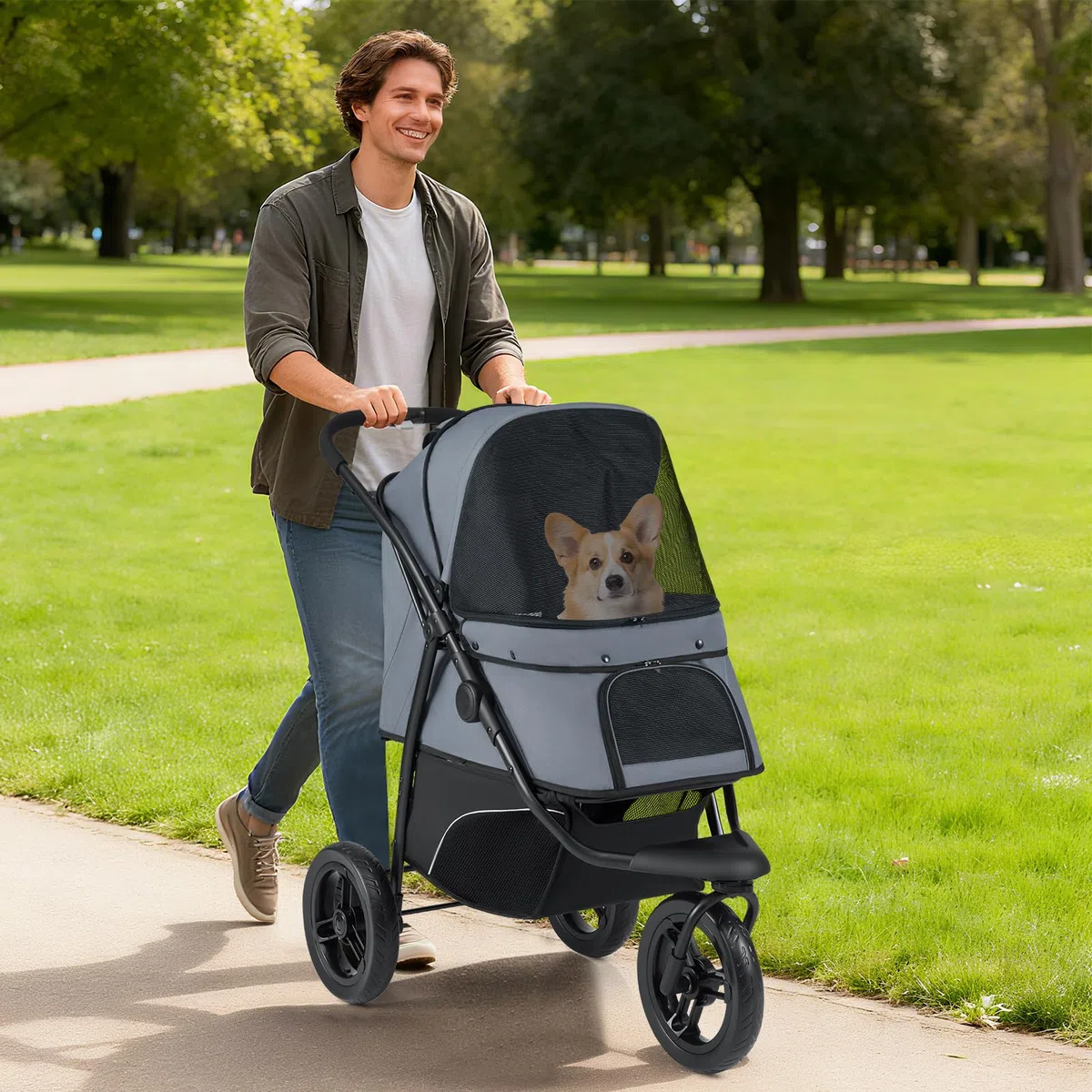 COSTWAY Hundewagen klappbar, Hundebuggy bis 25 kg, Katzenwagen 3 Rad, Haustierwagen mit verstellbarem Sonnendach, Netzfenster, Korb & Polster, Haustierbuggy für Katzen Hunde (Grau)