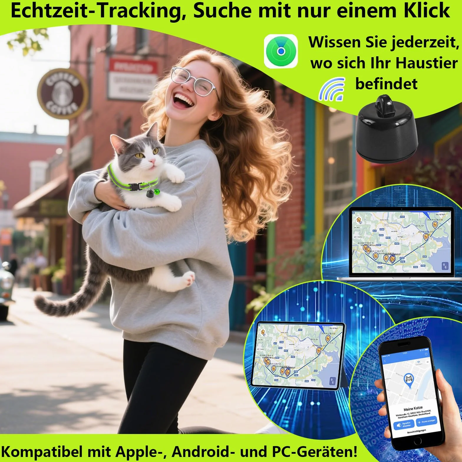 Katze GPS Tracker Hund Kompatibel mit iOS ＆ Android, Weltweite Standortverfolgung, Katzen Halsband GPS Trackers Ohne ABO, Mini Pet Tracker für Katzentracker Katzentracking Peilsender