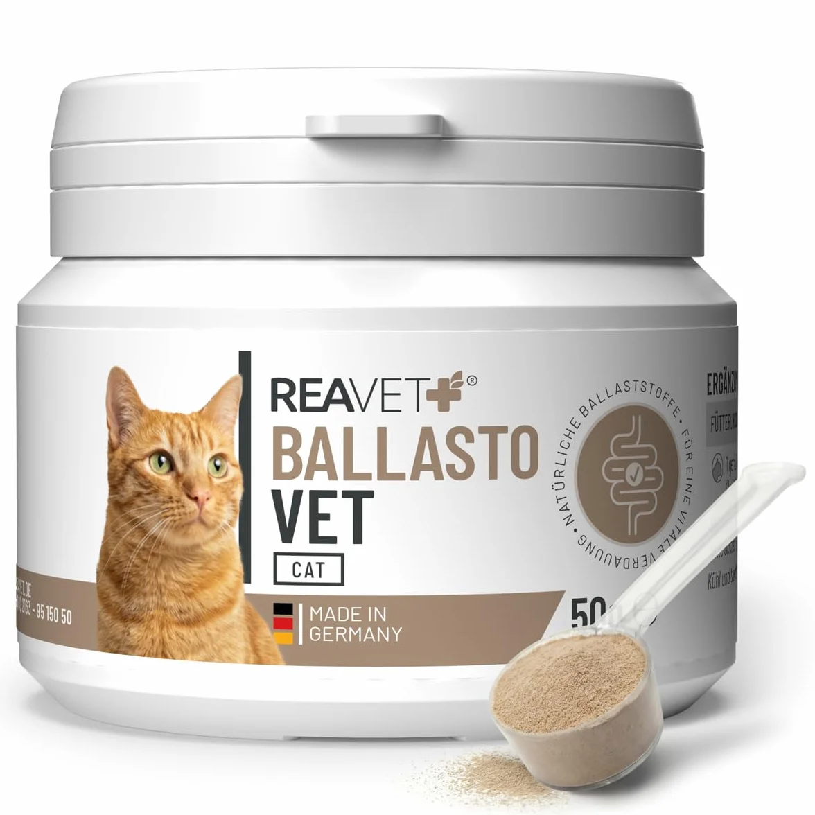 ReaVET BallastoVET für Katzen – Natürliche Ballaststoffe zur Unterstützung bei Verstopfungsneigung & Haarballen I Fördert Normale Kotkonsistenz & Darmfunktion I Sehr ergiebig I 50 g