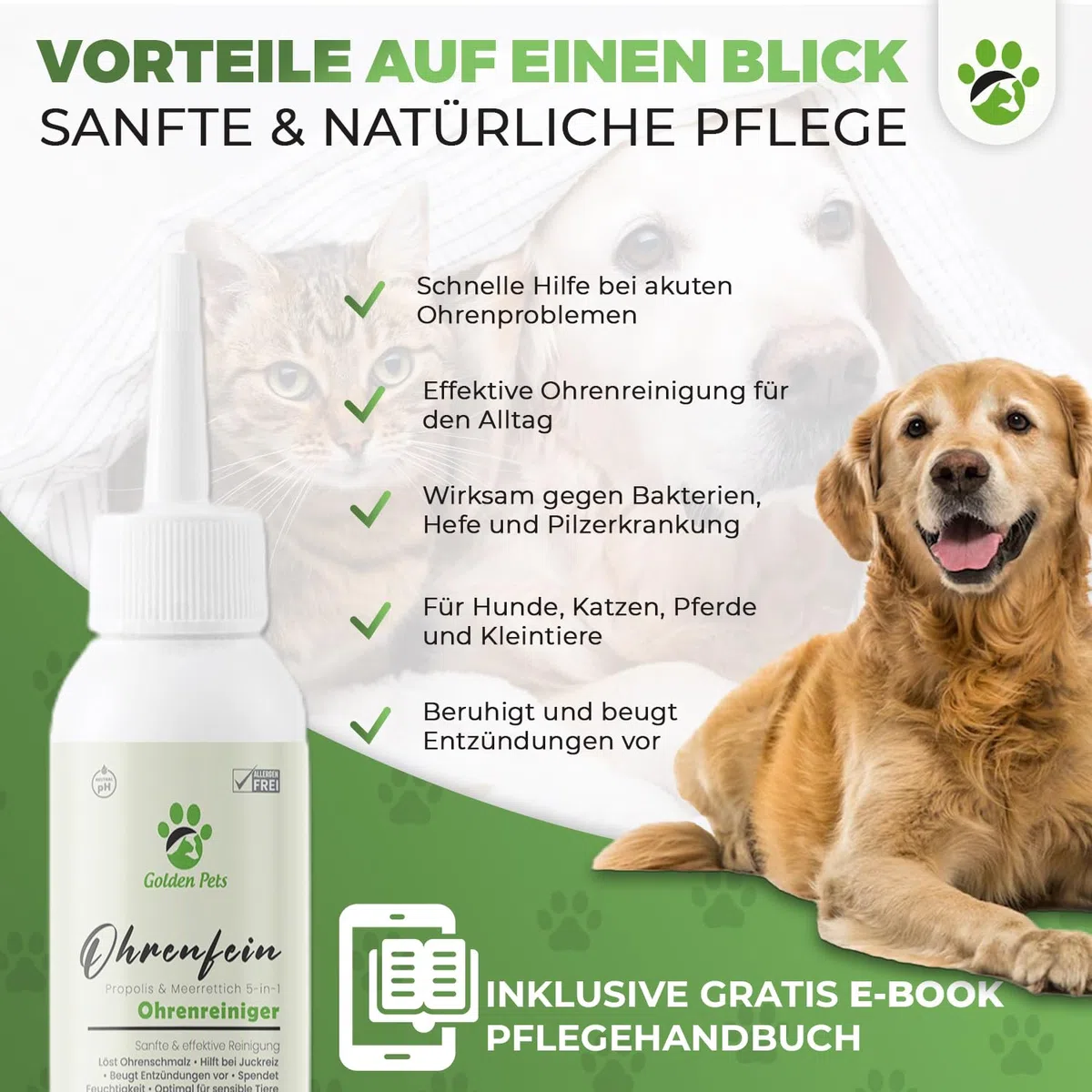 Golden Pets TESTURTEIL SEHR GUT Ohrenreiniger für Hunde & Katzen **VERGLEICHSSIEGER** 100% natürliche Ohrenspülung gegen Juckreiz, Entzündung & Ohrenschmalz I Ohrenpflege, 250ml