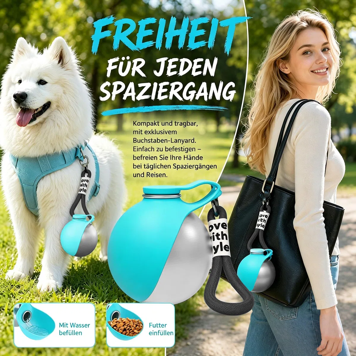 Trinkflasche Hunde für Unterwegs, 285ml Tragbare Edelstahl Hundetrinkflasche mit Faltbarem Silikonnapf, TrinkflaschHunde Trinkflasche to Go,Wasserflasche Hunde Katze für Wnterwegs Reise Camping(Blau)