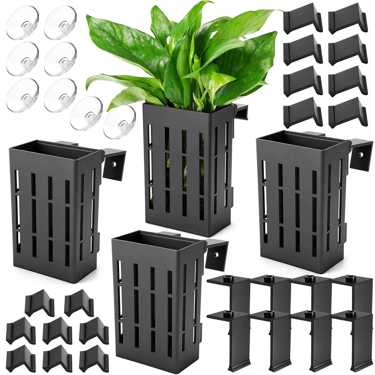 Borlech Aquarium Pflanzenhalter für Aquarium Aquaponic Pflanzenkultur Hängender Halterung und Aquascape Dekorationen Pflanztopf Zubehör (Schwarz)