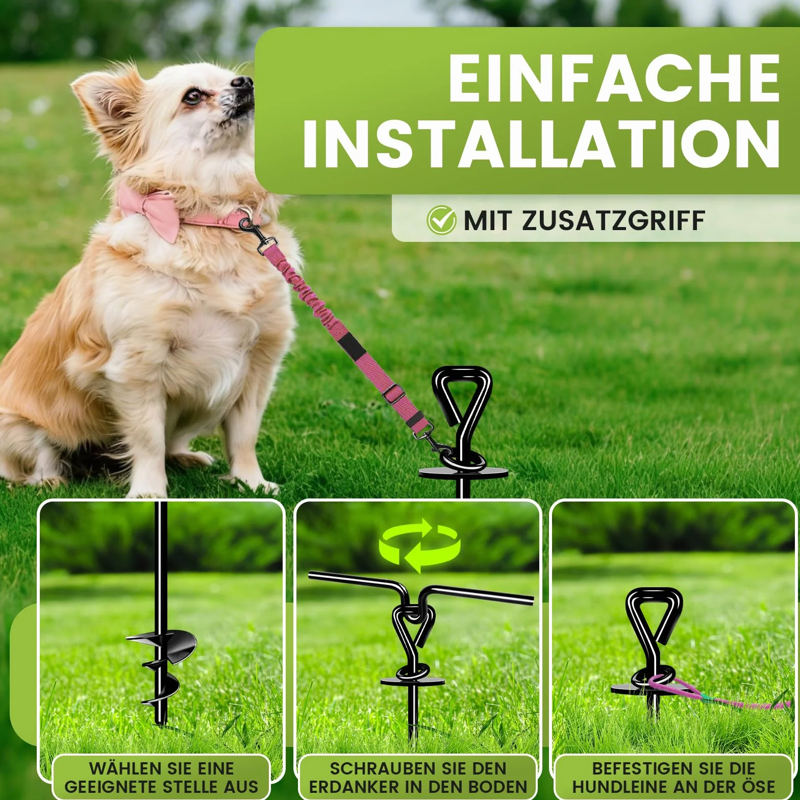 Bodenanker Hund, ø 12mm Spiralklinge Anlegepflock für Hunde bis zu 220 lbs, Erdanker Hund Mittlere Oder Große für Camping, Strand, Rasen und Hof