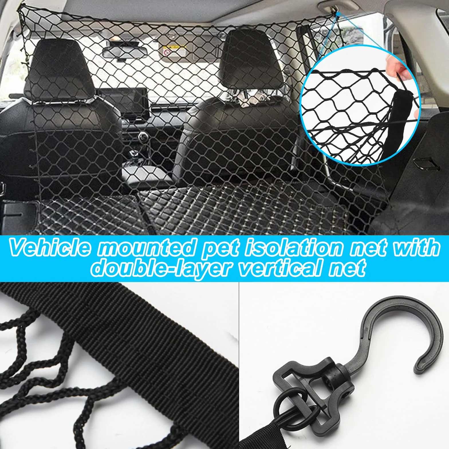 Schutzgitter Auto Barriere Trennnetz: Hundegitter Auto Hundeschutzgitter aus Polypropylen mit 4 Haken, Elastizität Hundegitter für den Kofferraum Doppelschicht Trenngitter Kofferraum Hund 120 x 90cm