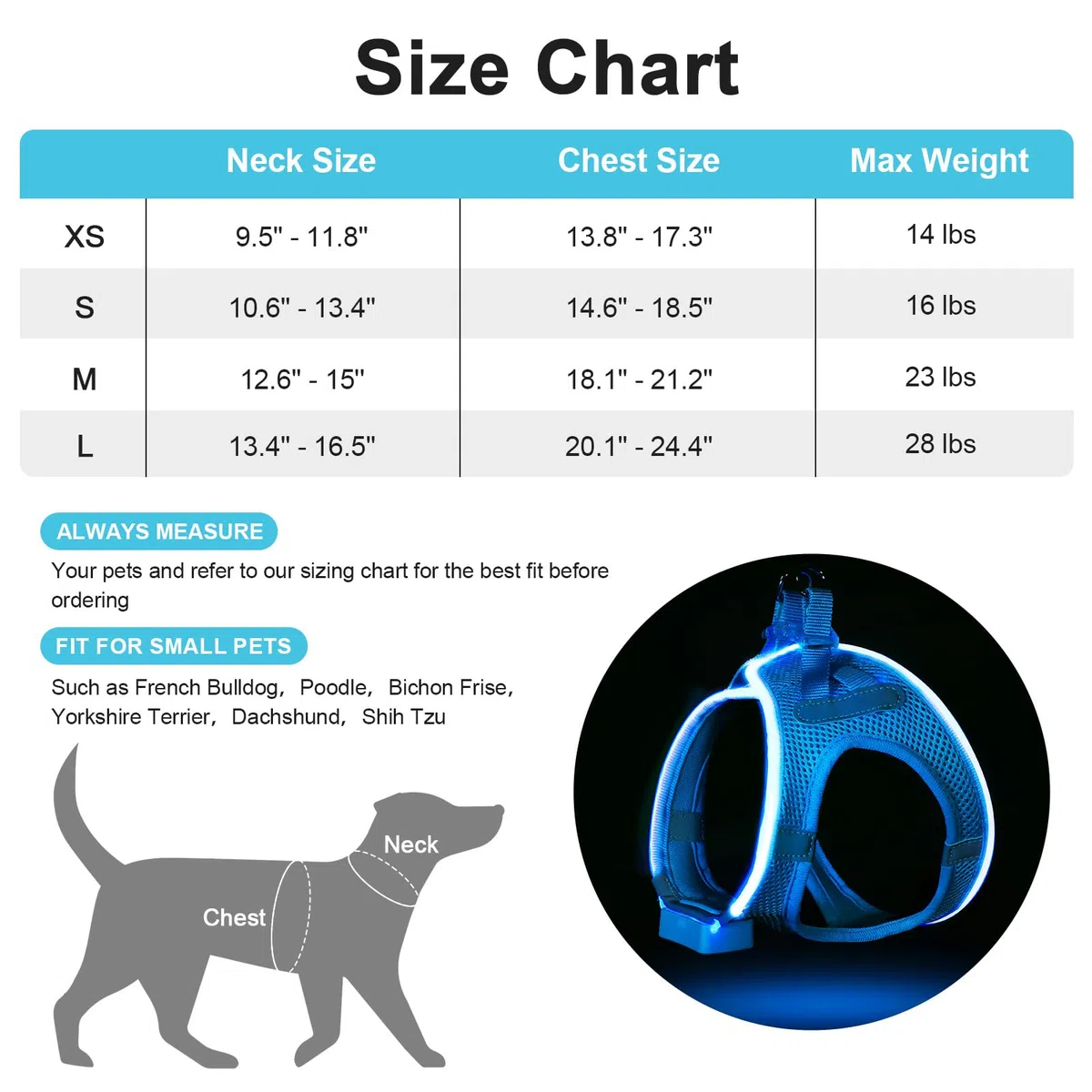 Leuchtend Hundegeschirr LED Aufladbar - Leuchtgeschirr Leuchtendes & Reflektierendes für Welpe Klein Mittlere Hund, Brustgeschirr Hundegeschirr, Atmungsaktiv Leucht Geschirr (Blau, Small)