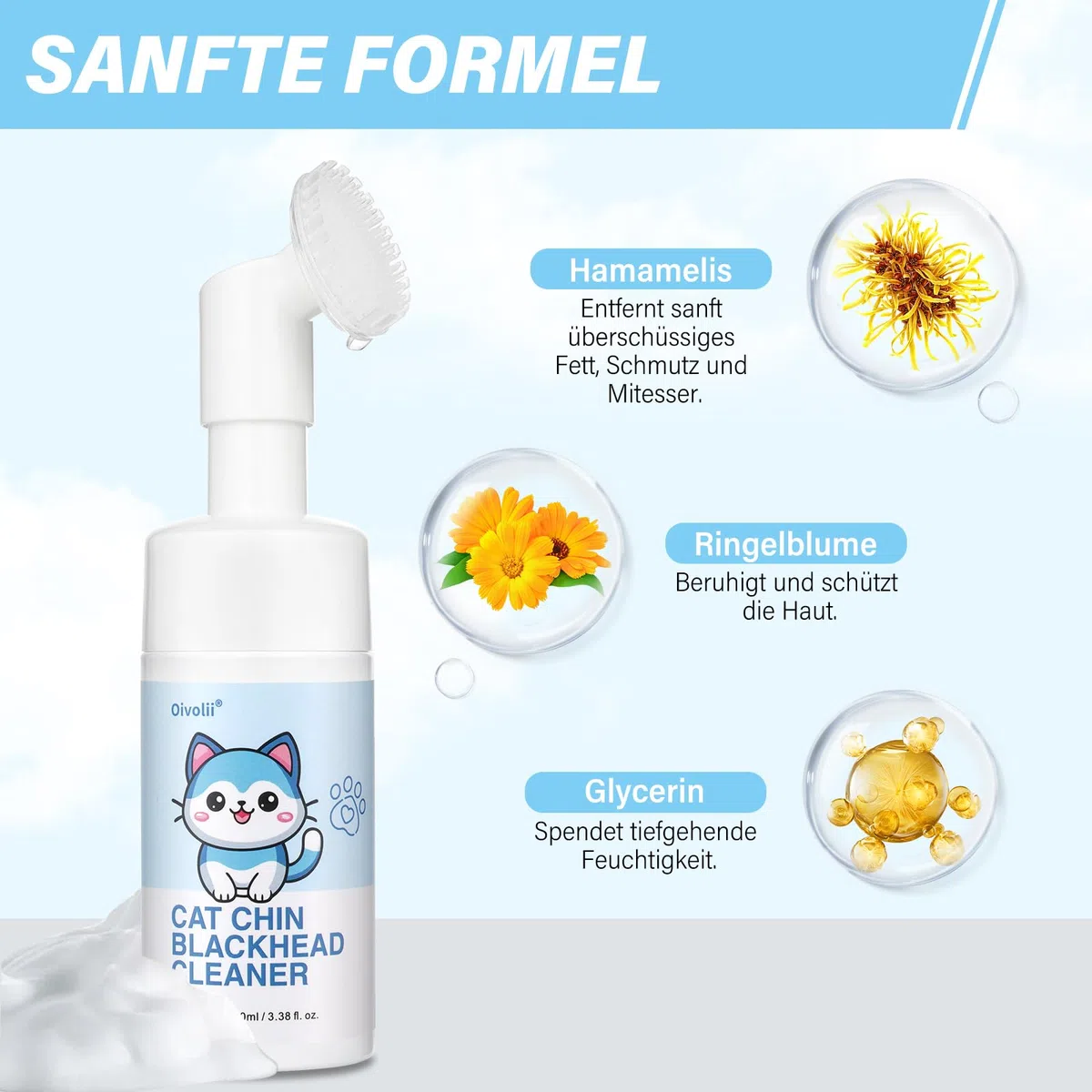 Katzen Mitesser Schaumreiniger mit Bürste 100ml – Sanfte, hypoallergene Unterkieferpflege, entfernt Schwarze Punkte & Pickel, beruhigt Akne, für alle Katzenrassen, ohne Ausspülen