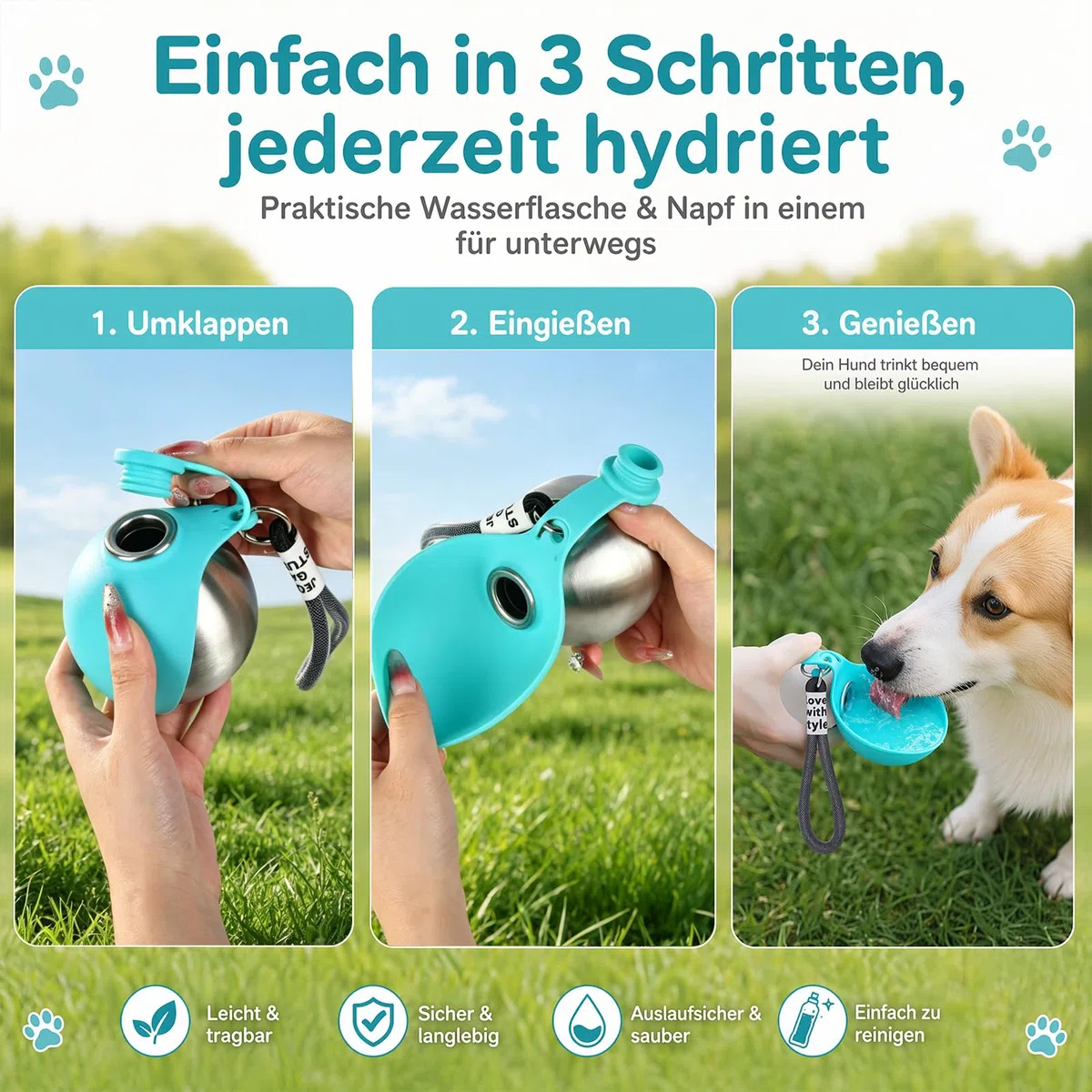 Trinkflasche Hunde für Unterwegs, 285ml Tragbare Edelstahl Hundetrinkflasche mit Faltbarem Silikonnapf, TrinkflaschHunde Trinkflasche to Go,Wasserflasche Hunde Katze für Wnterwegs Reise Camping(Blau)