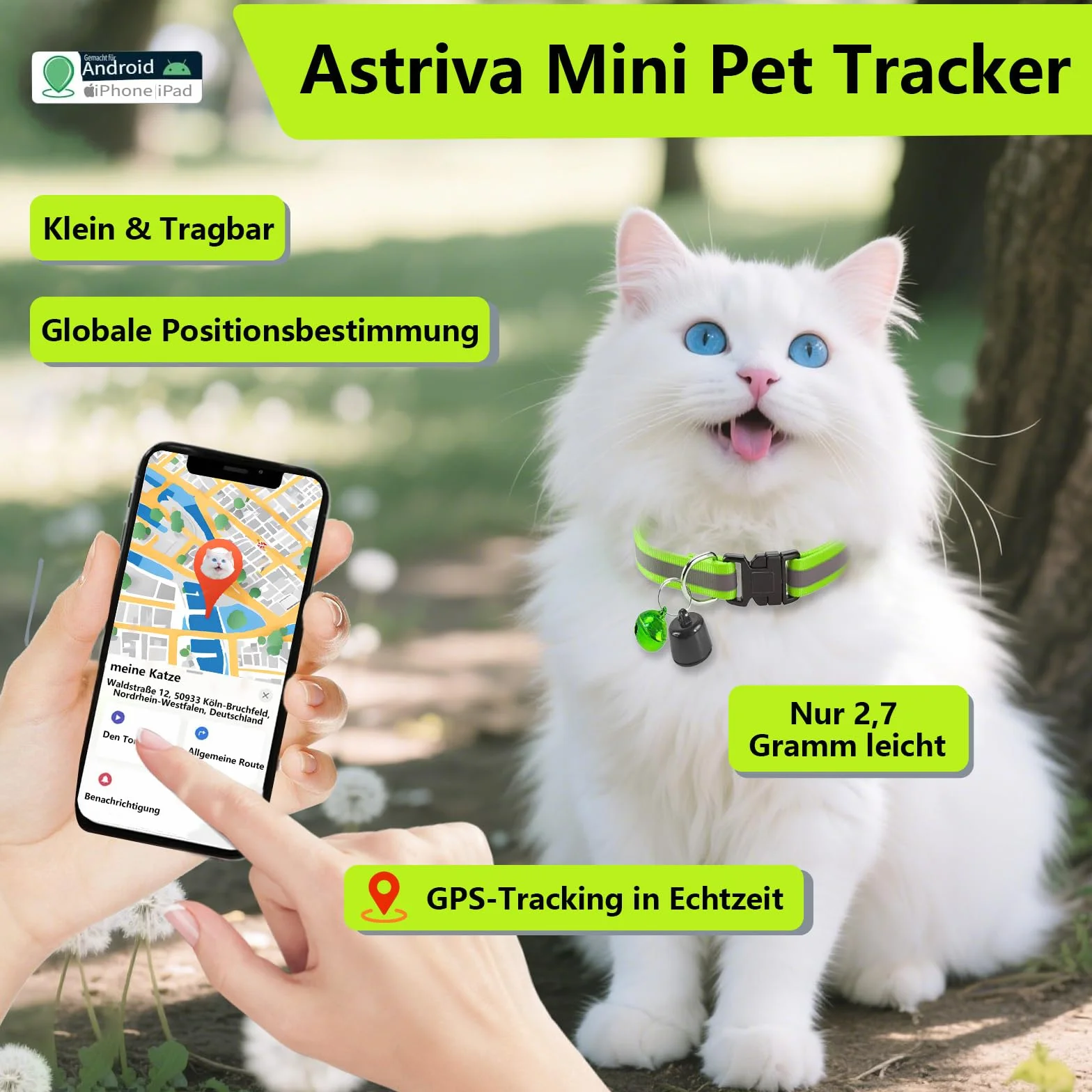 Katze GPS Tracker Hund Kompatibel mit iOS ＆ Android, Weltweite Standortverfolgung, Katzen Halsband GPS Trackers Ohne ABO, Mini Pet Tracker für Katzentracker Katzentracking Peilsender