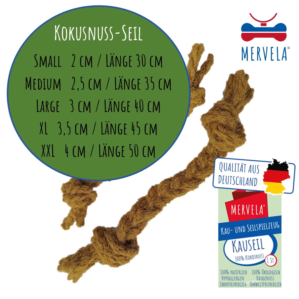 Kauseil aus 100% Kokosnuss-Wolle für Hunde – Natürliches, biologisches Kauspielzeug, Zahnpflege & Langlebig – Für alle Hundegrößen geeignet (Small (2X30cm))