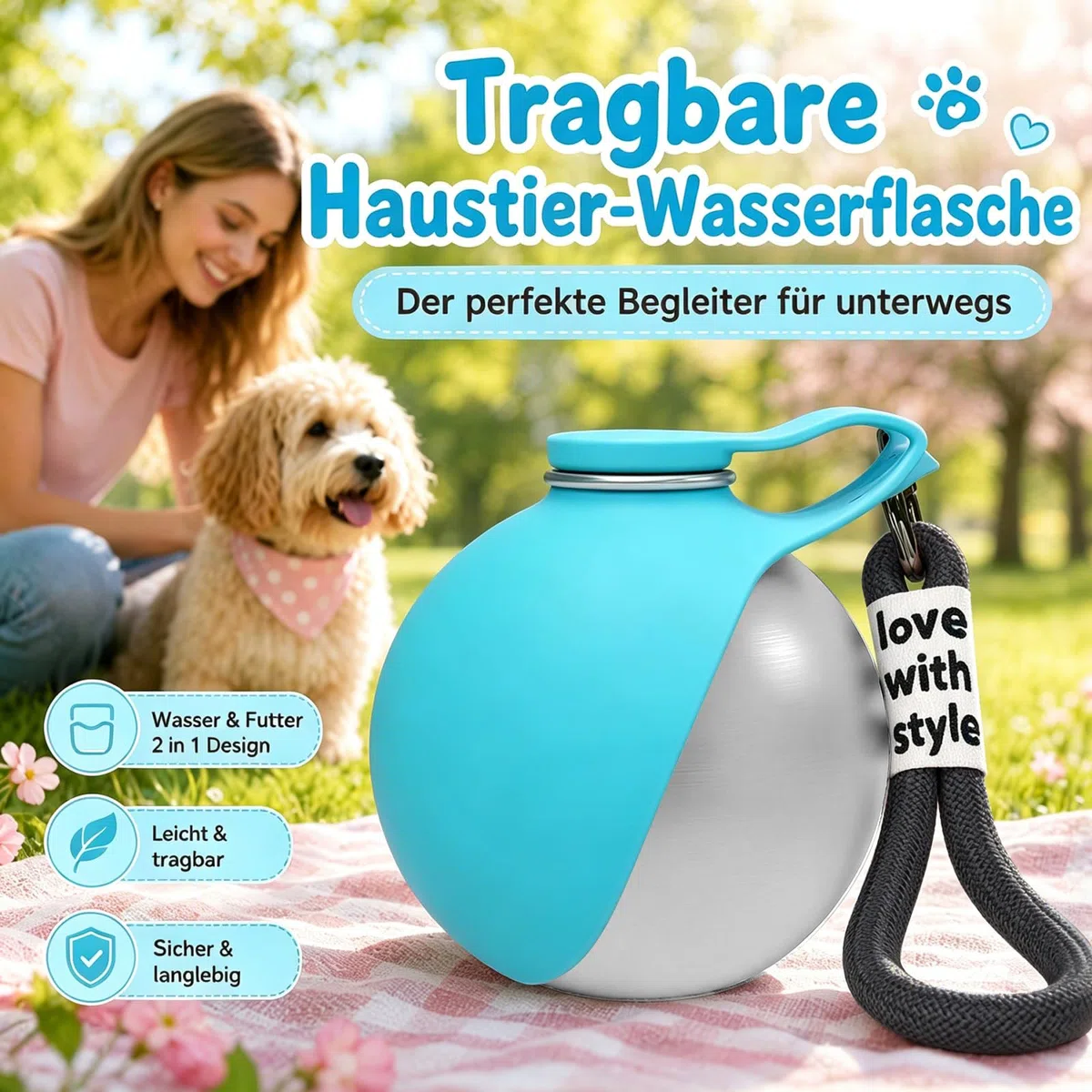 Trinkflasche Hunde für Unterwegs, 285ml Tragbare Edelstahl Hundetrinkflasche mit Faltbarem Silikonnapf, TrinkflaschHunde Trinkflasche to Go,Wasserflasche Hunde Katze für Wnterwegs Reise Camping(Blau)