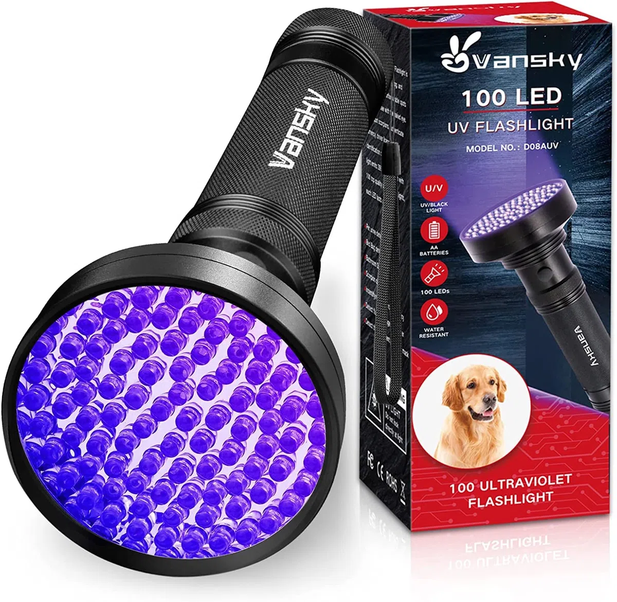 Vansky UV Lampe Schwarzlicht Taschenlampe 395nm: UV Licht mit 100 UV LED Haustiere Urin-Detektor Schwarzlichtlampe für Eingetrocknete Flecken Ihrer Hunde Katzen und Nagetiere auf Teppichen