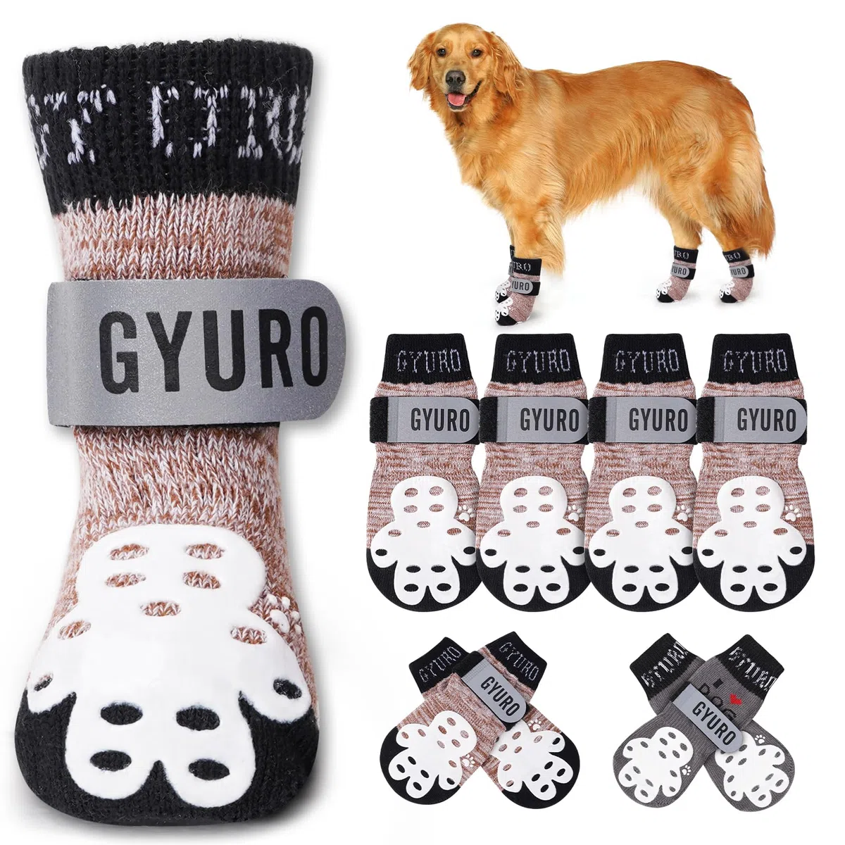 4-seitige rutschfeste Hundesocken mit reflektierenden verstellbaren Trägern für Indoor-Pfotenschutz auf Hartholzböden mit Vollschutz-Traktionskontrolle (Khaki, XL)