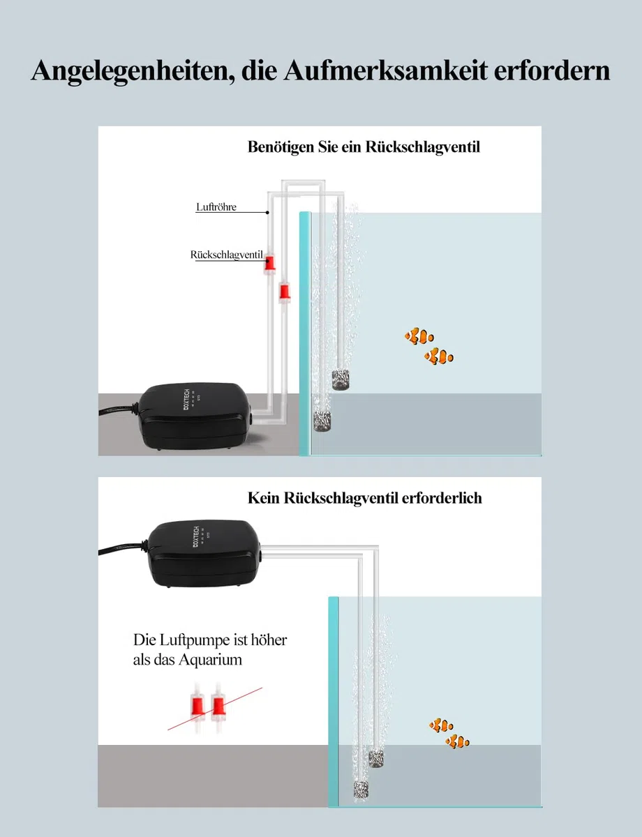 Boxtech Aquarium Luftpumpe,Mini Sauerstoffpumpe mit Luftstein,Rückschlagventil,Leistungsstarke luftsprudler Fisch Pumpe für Nanoaquarien（2 W）