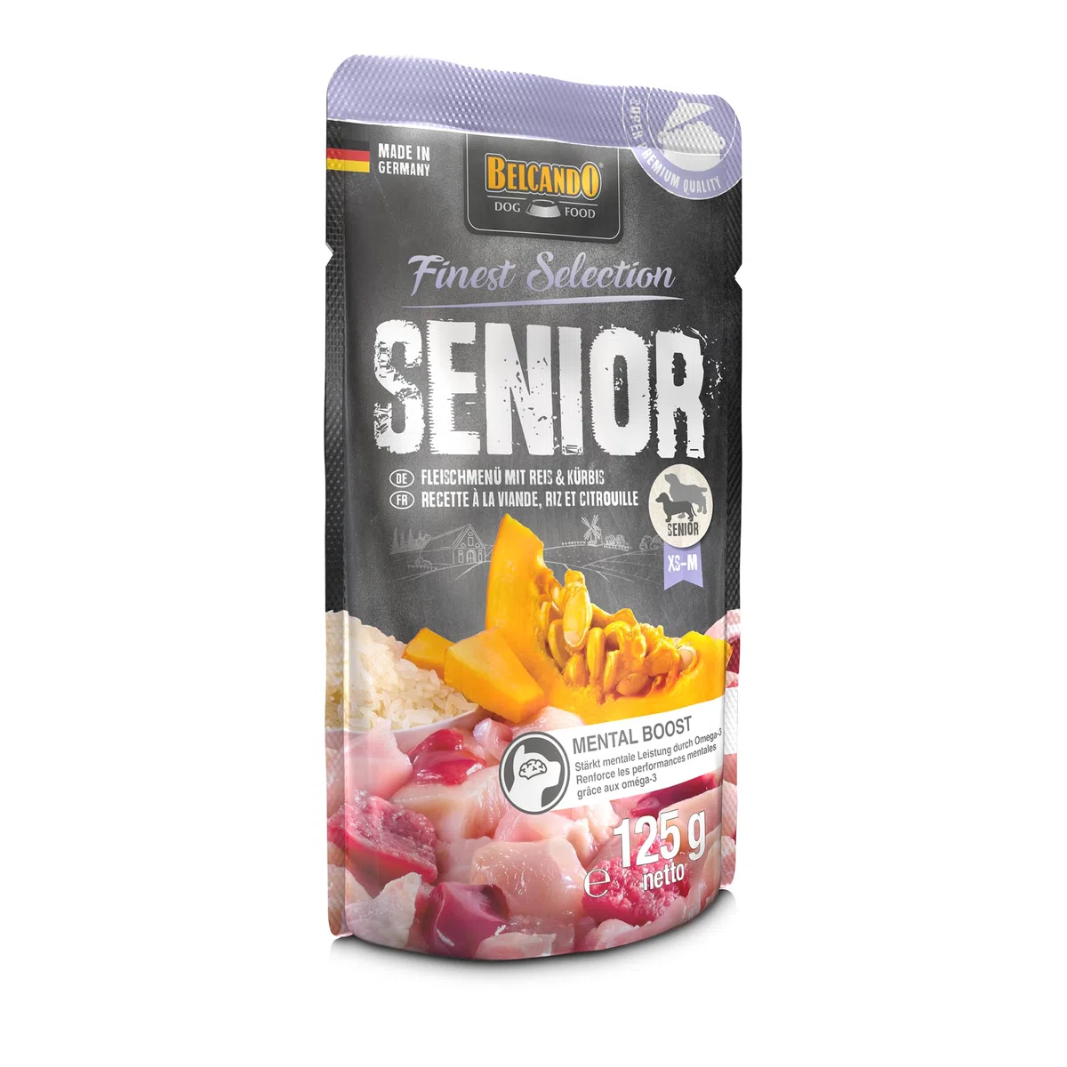 BELCANDO Senior Fleischmenü [12x125g mit Rind & Huhn] | Nassfutter für ältere Hunde | Feuchtfutter Alleinfutter im Einzelportionsbeutel für Senioren ab 7 Jahren