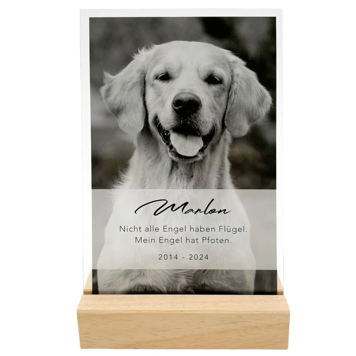 DEL MÀ Unique & Personal Andenken an verstorbenen Hund Bild Gedenktafel aus Acryl zur Erinnerung & Trauer personalisiert mit Foto Geschenk für Hundebesitzer inkl. Holzfuß 13x20 cm (Hochformat)