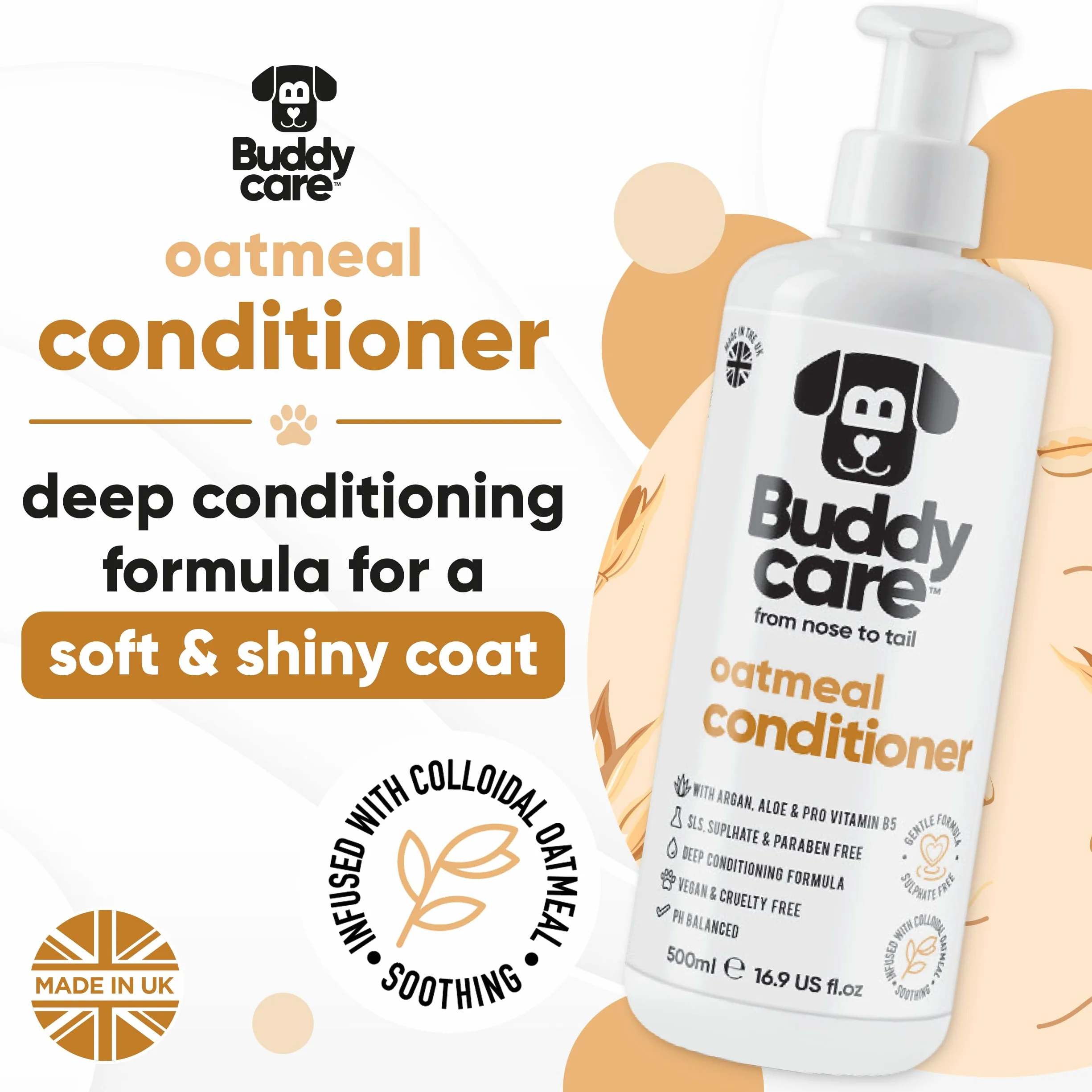Haferflocken-Hundeconditioner von Buddycare - 500 ml - Haferbutterduftender Welpenconditioner mit Aloe Vera & Provitamin B5