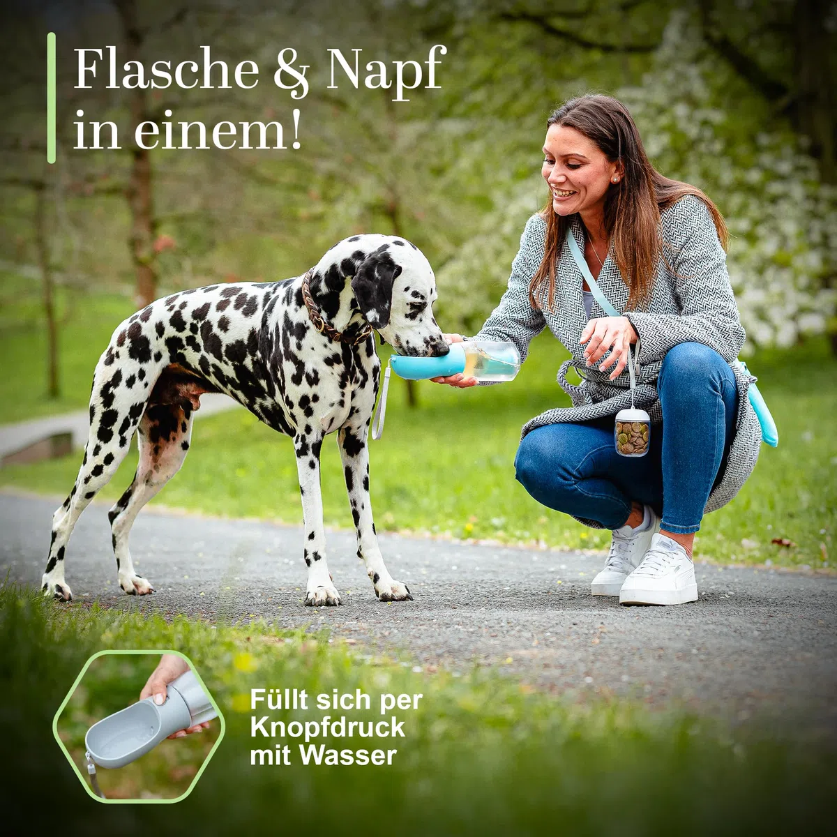 Hundetrinkflasche 300ml – 3-in-1 Trinkflasche mit Napf & Rücklauffunktion – 100% auslaufsicher, BPA-frei – für kleine Hunde, Wandern, Reisen & Autofahrten