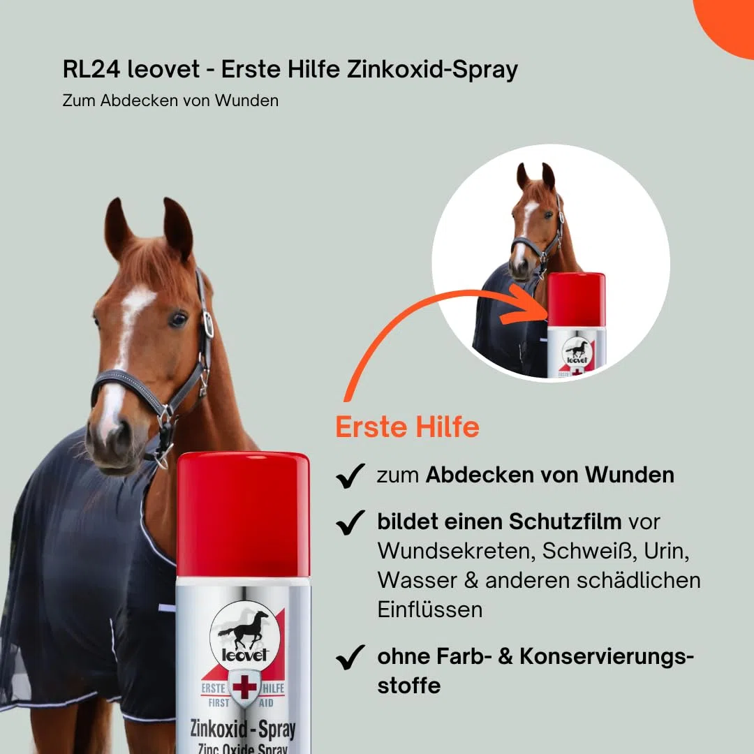 RL24 leovet - Erste Hilfe Zinkoxid-Spray | Pferde-Zinkspray zum Abdecken von Wunden | Zinksalbe zum Sprühen | Schutzfilm vor Schweiß & Urin | pflegt beanspruchte Hautpartien | 1 x Wundspray 200 ml