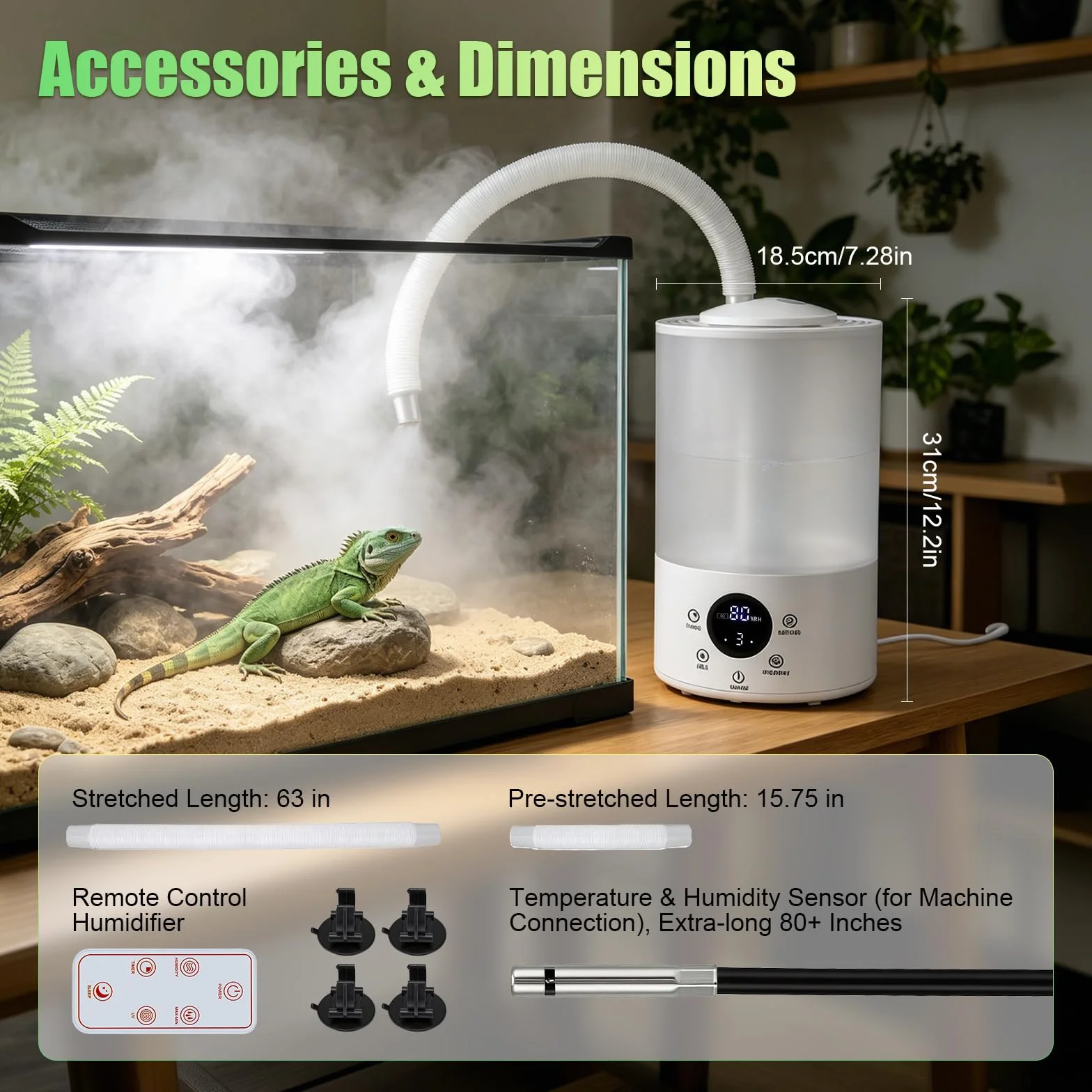 Reptilien Luftbefeuchter 4L Terrarium Vernebler mit Feuchtigkeits-Sensor, Timer, Doppelschlauch Ausziehbarem, Ultraleiser Nebelgerät Großem Nebelmaschine,für Reptilien Amphibien Feuchtigkeitspflanzen